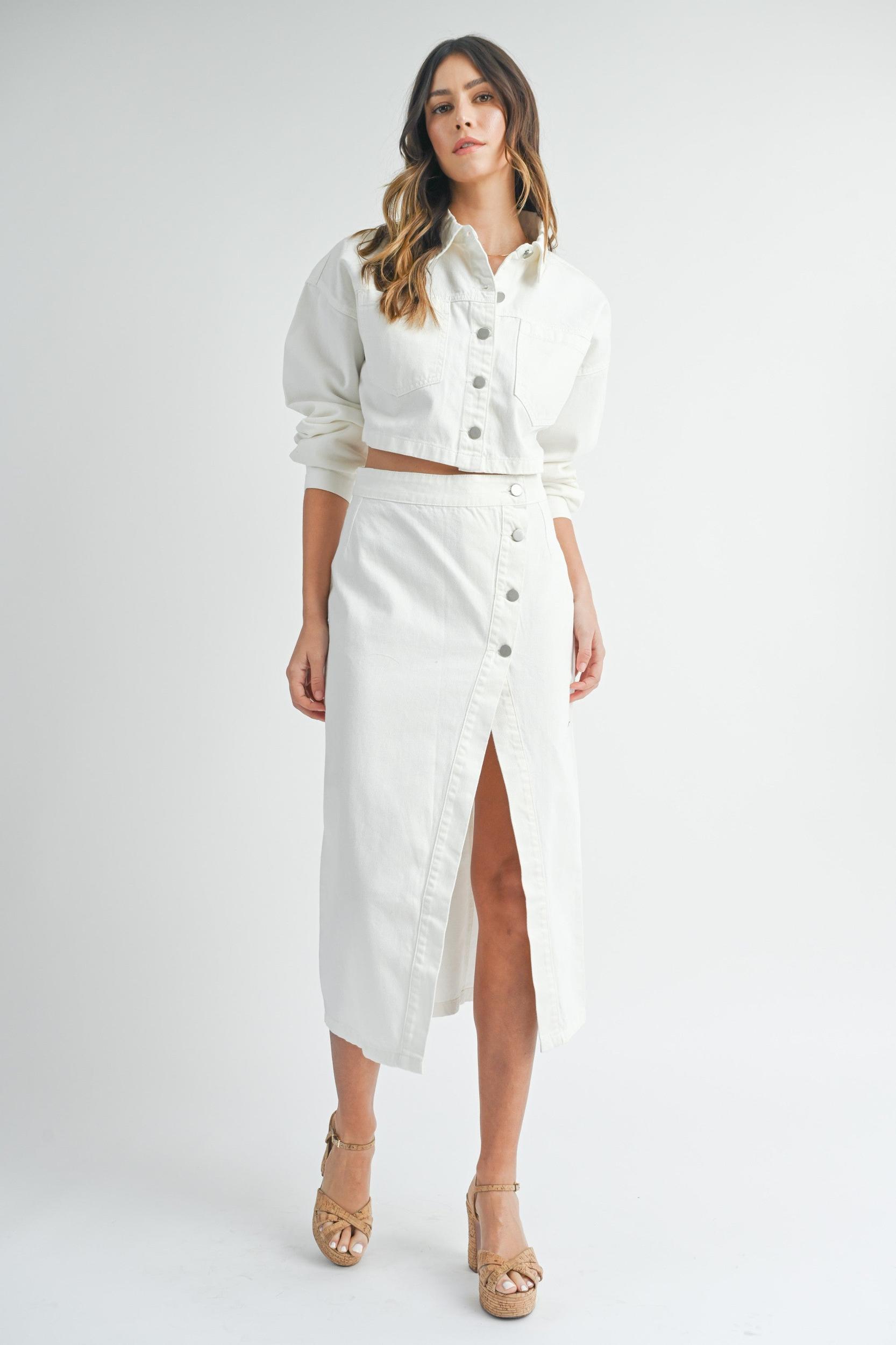 White Denim Crop Jacket and Slit Skirt Set Product Image