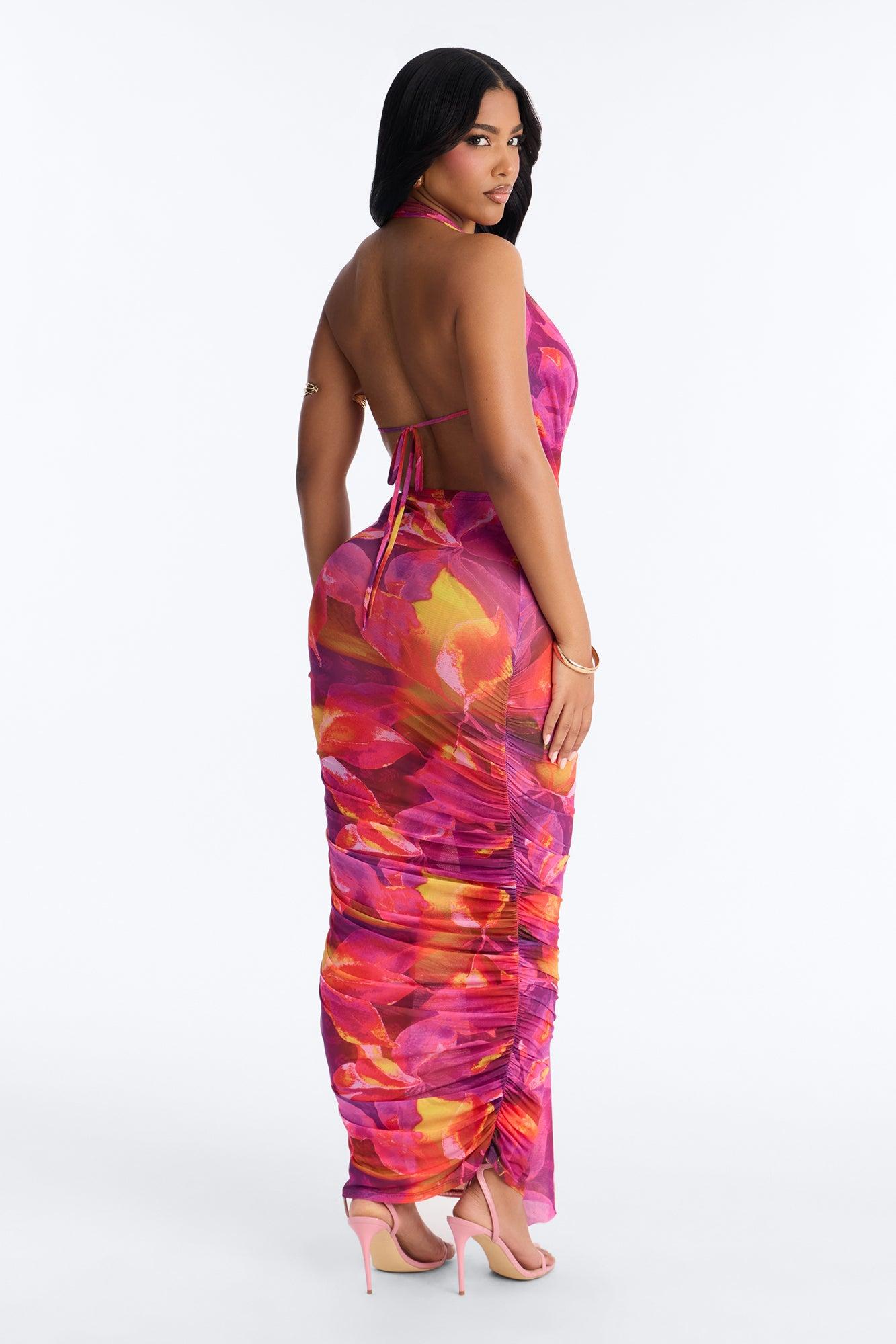 Kyla Halter Printed Mesh Maxi Dress - Magenta/combo Female Product Image