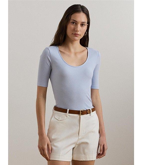 Lauren Ralph Lauren Cotton Blend Rib-Knit Scoop Neck Elbow Sleeve Tee Product Image