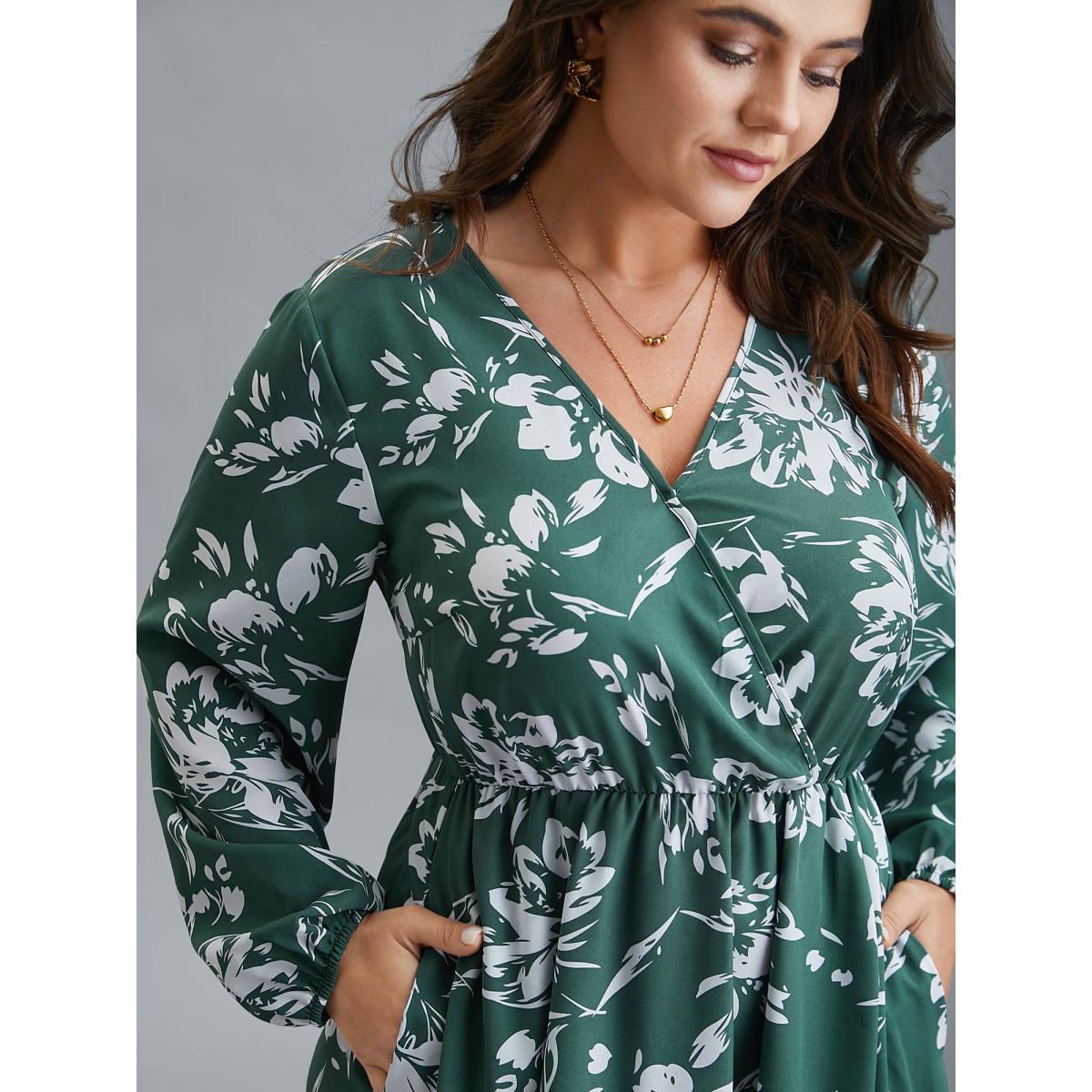 Plus Size Silhouette Floral Print Waist Cinched Midi Dress Emerald Women Elegant Non Overlap Collar Long Sleeve Curvy BloomChic 14-16/1X Product Image