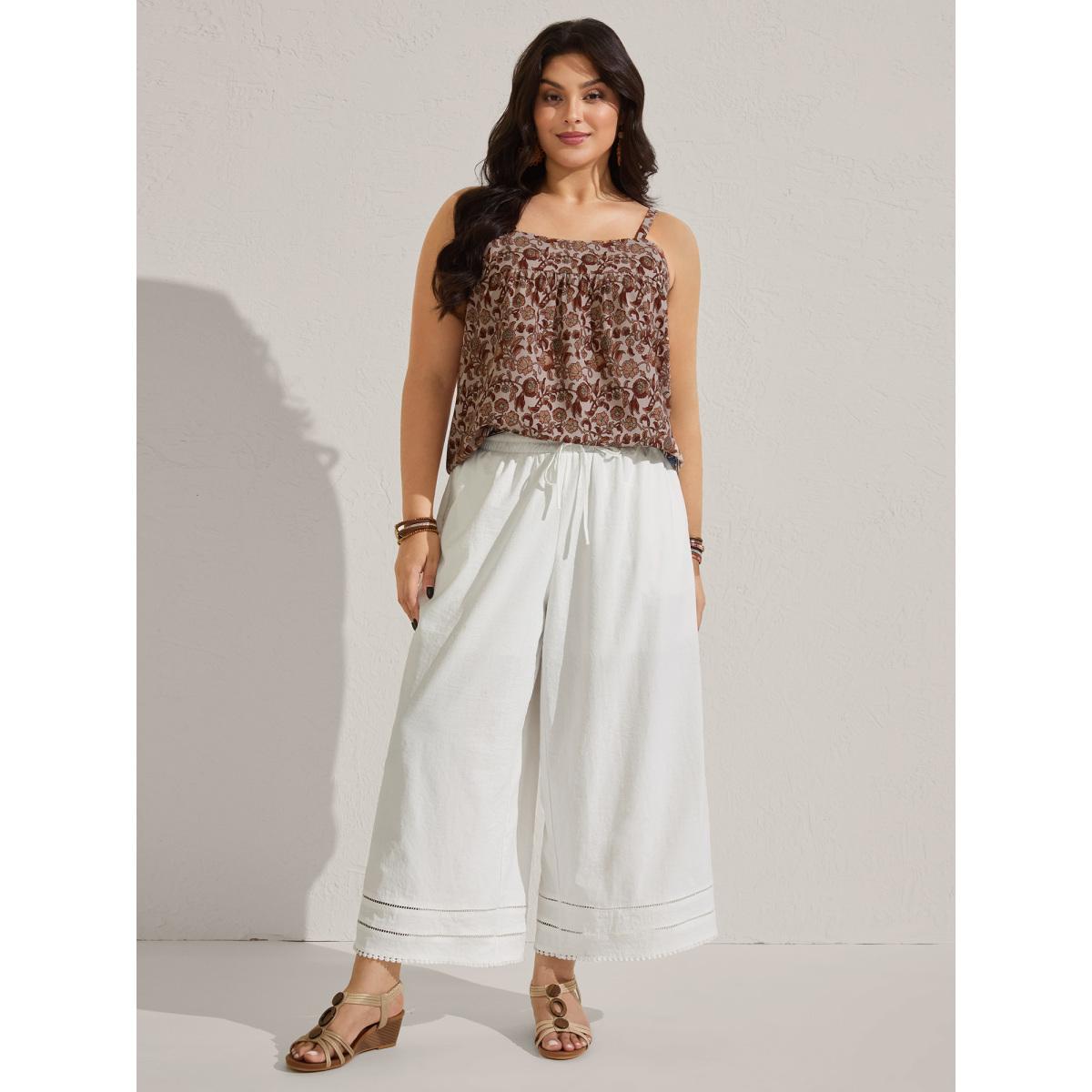 Plus Size Lace Trim Wide-Leg Tie Pants Women WhiteSmoke Boho Wide Leg Mid Rise Vacation Pants BloomChic 14-16/1X Product Image