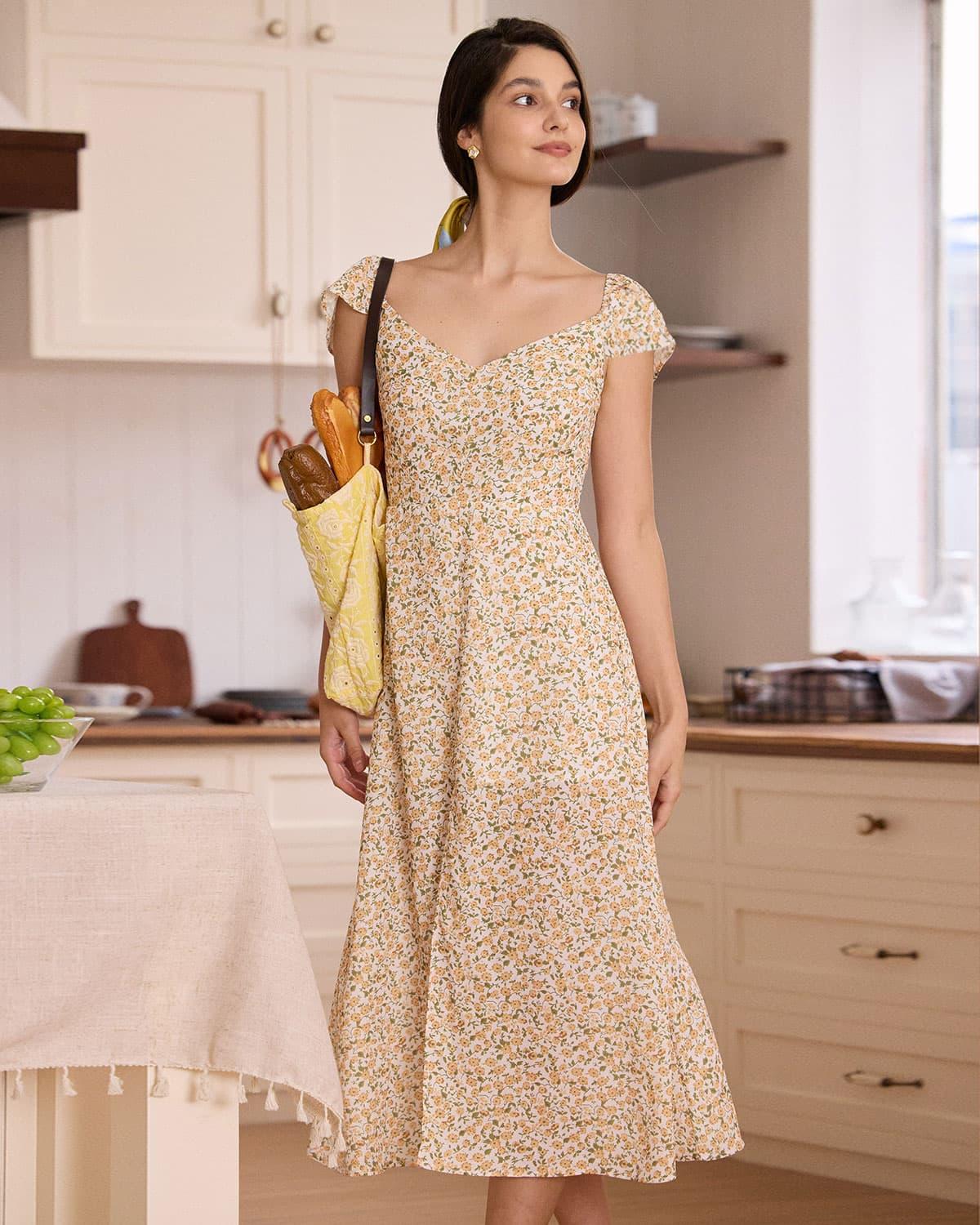 The Yellow V Neck Floral Slit Midi Dress Product Image