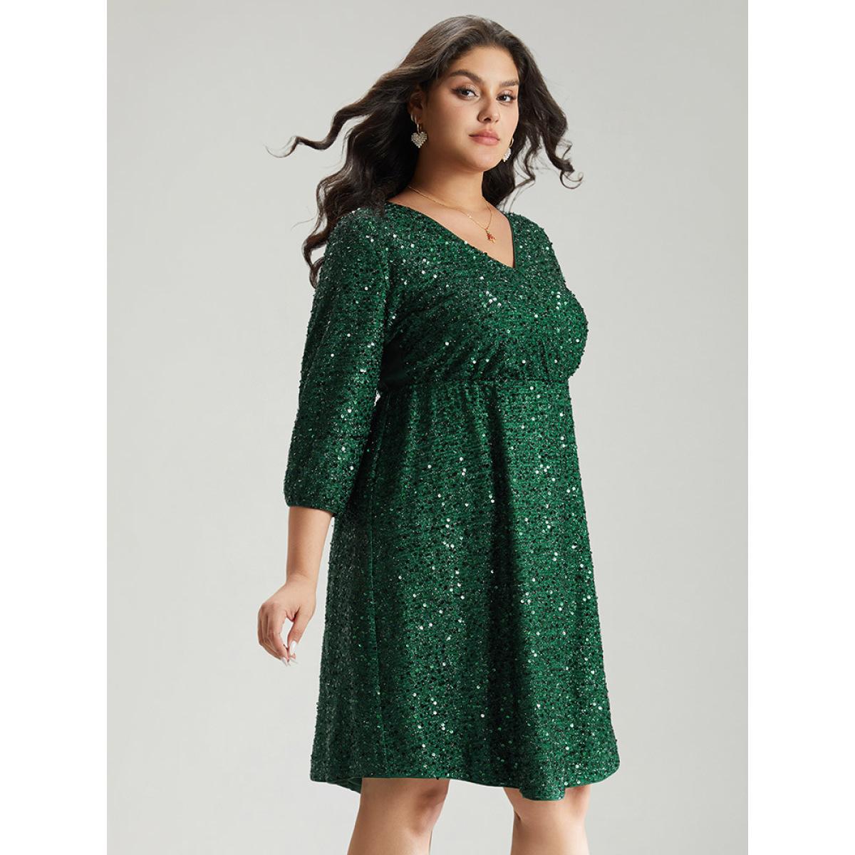Plus Size Sequin Overlap Collar Elastic Waist Knee Dress DarkGreen Women Cocktail Wrap Overlap Collar Elbow-length sleeve Curvy Knee Dress BloomChic 22-24/3X Product Image