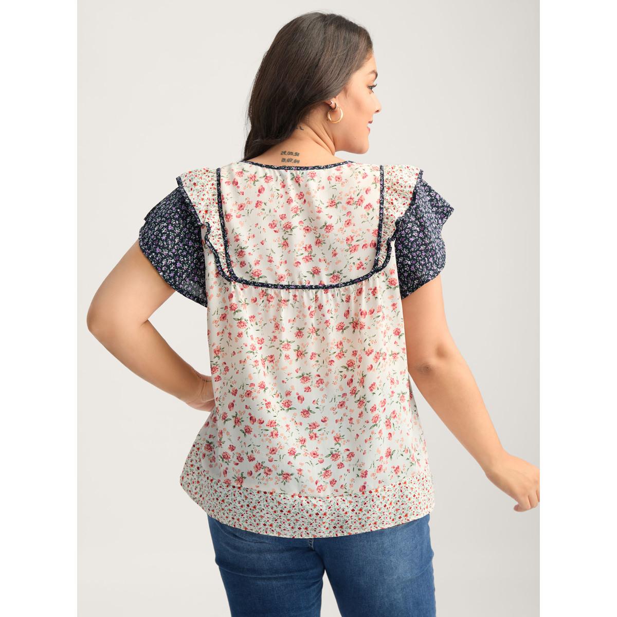 Plus Size Multicolor Floral Panel Ruffled Sleeve Blouse Women Romantic Cap Sleeve V-neck Elegant Blouses BloomChic 10/M Product Image