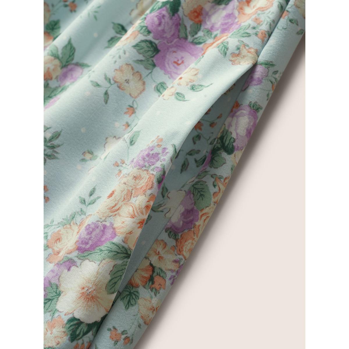 Plus Size Floral Shirred Tie Knot Lantern Sleeve Dress LightBlue Women Elegant Tie knot Notched collar Half Sleeve Curvy BloomChic 26/4X Product Image