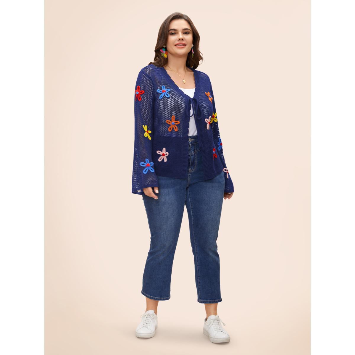 Plus Size Knit Floral Front Tie Cardigan Indigo Women Playful Loose Long Sleeve Casual Cardigans BloomChic 14-16/1X Product Image