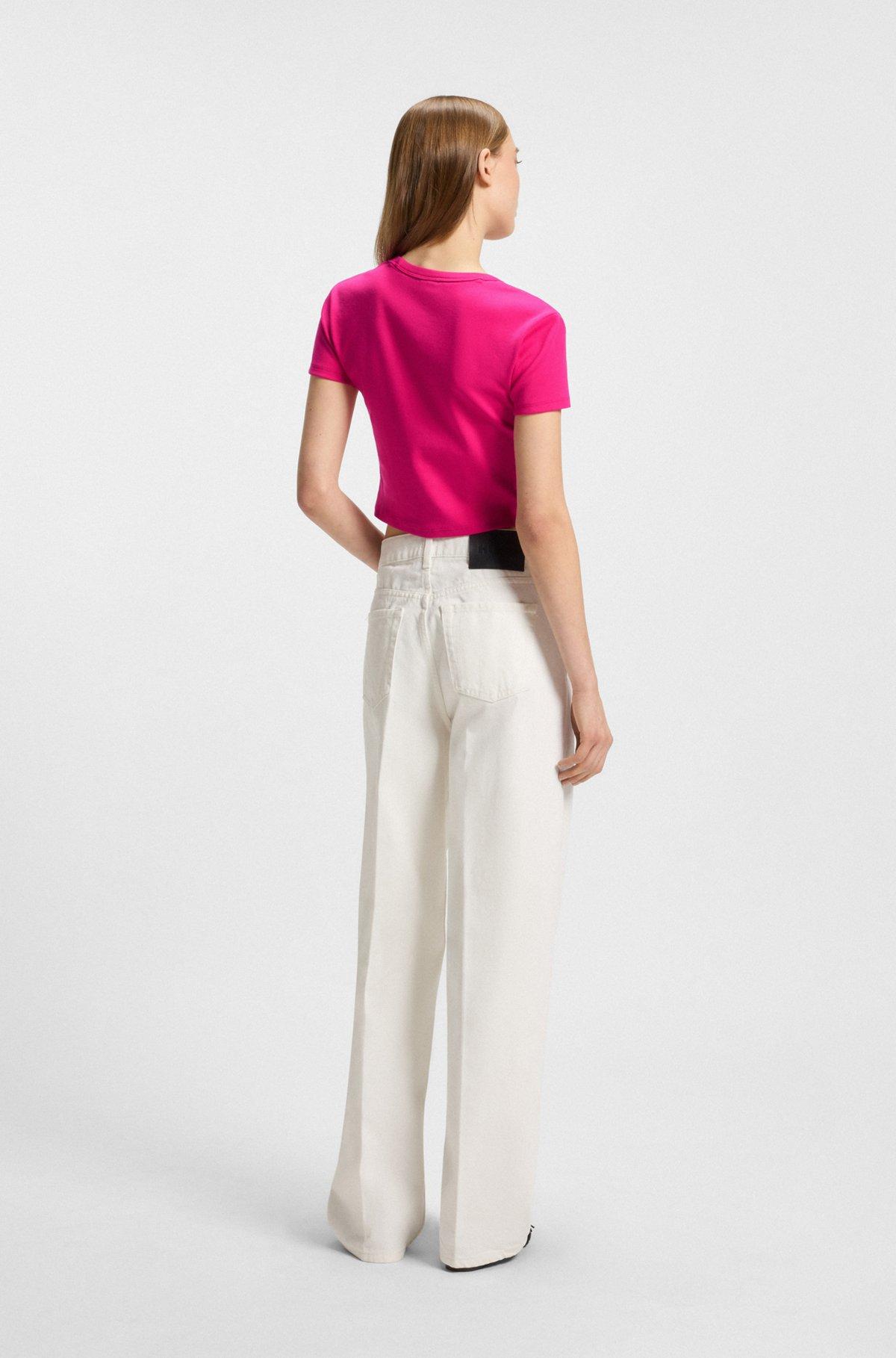 HUGO - Cropped slim-fit T-shirt with stacked logo - Pink Product Image