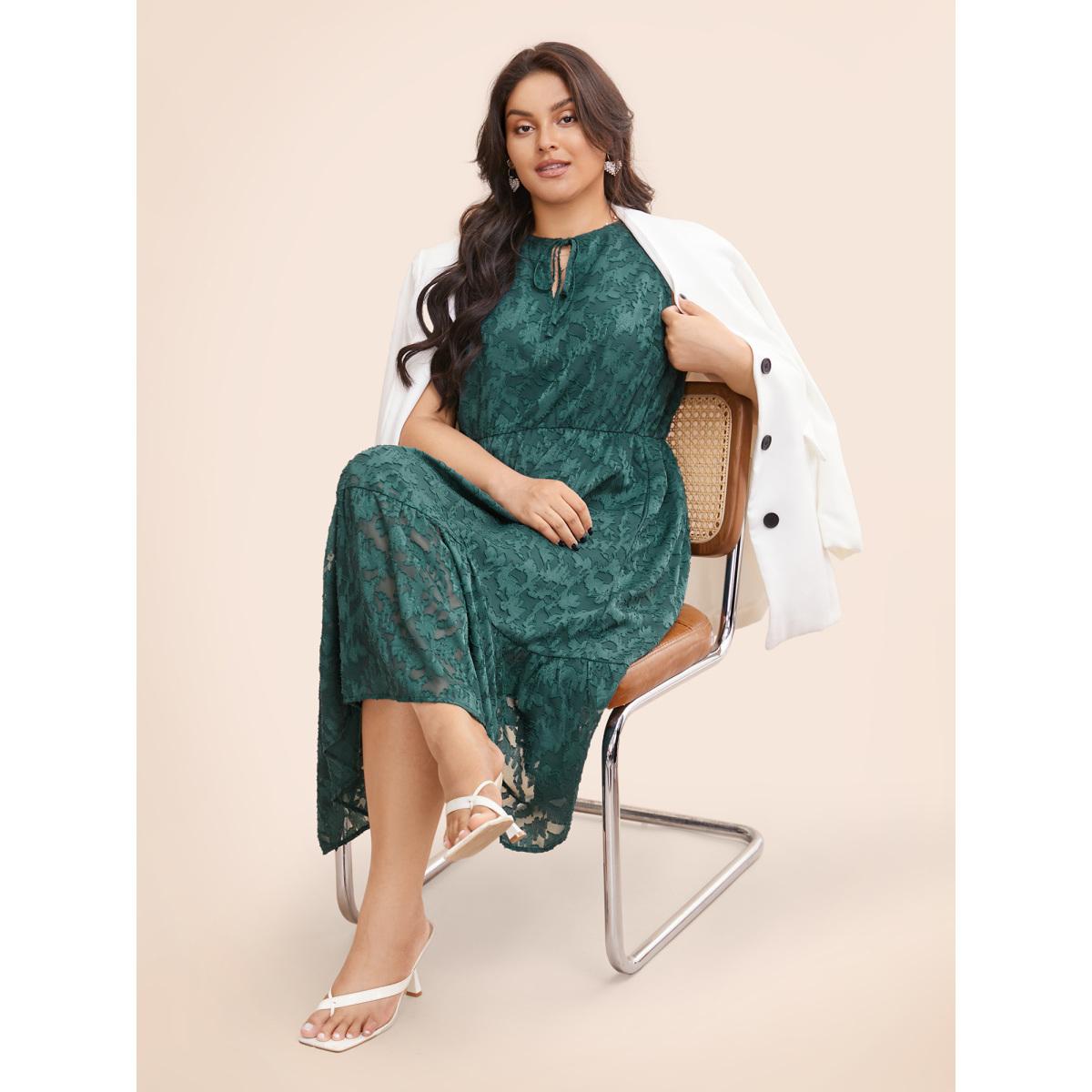Plus Size Texture Mesh Tie Knot Tank Dress Emerald Women Elegant Tie knot V-neck Sleeveless Curvy BloomChic 14-16/1X Product Image