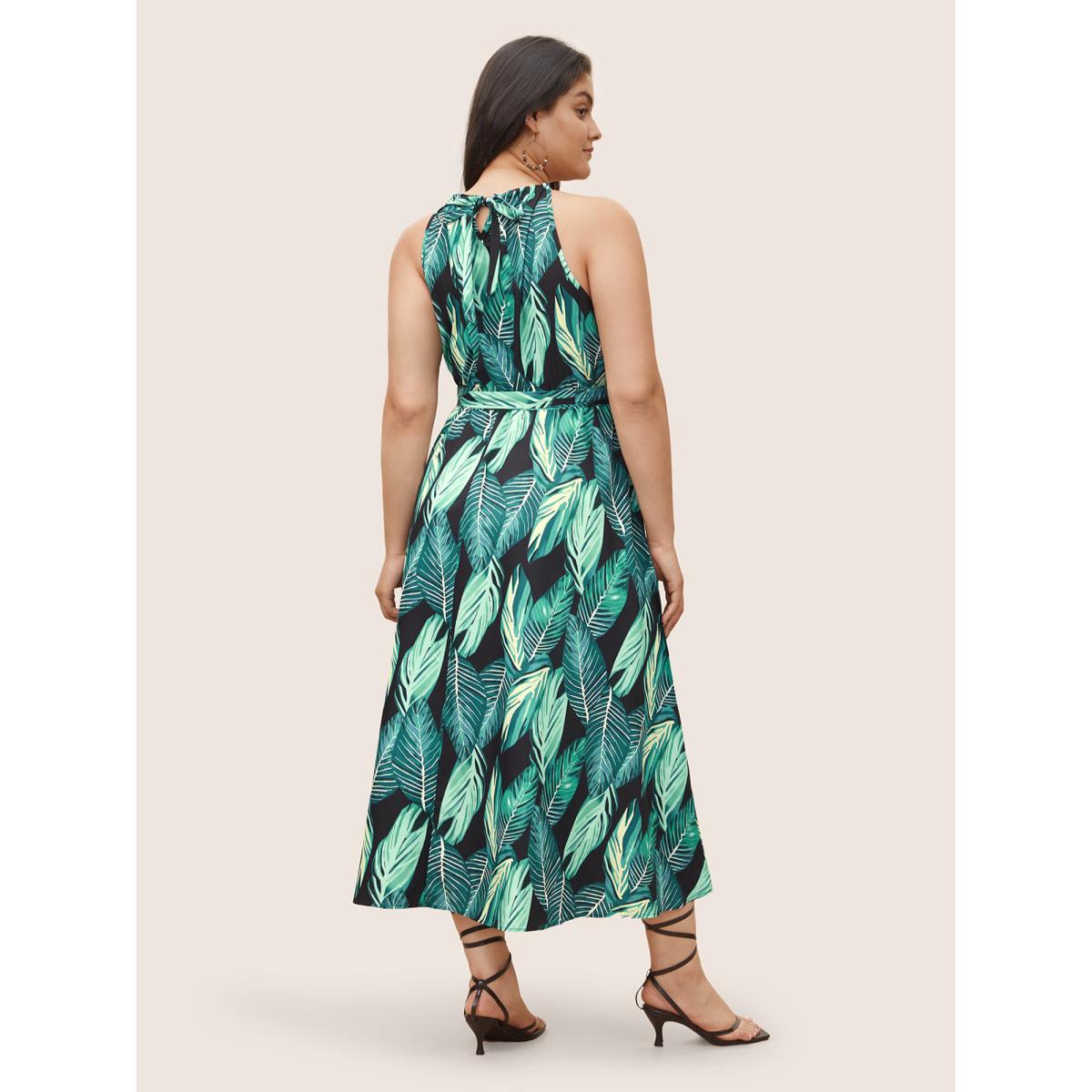 Plus Size Tropical Print Knotted Pocket Ruffles Belted Halter Dress Black Women Resort Non Halter neck Sleeveless Curvy Midi Dress BloomChic 12/L Product Image