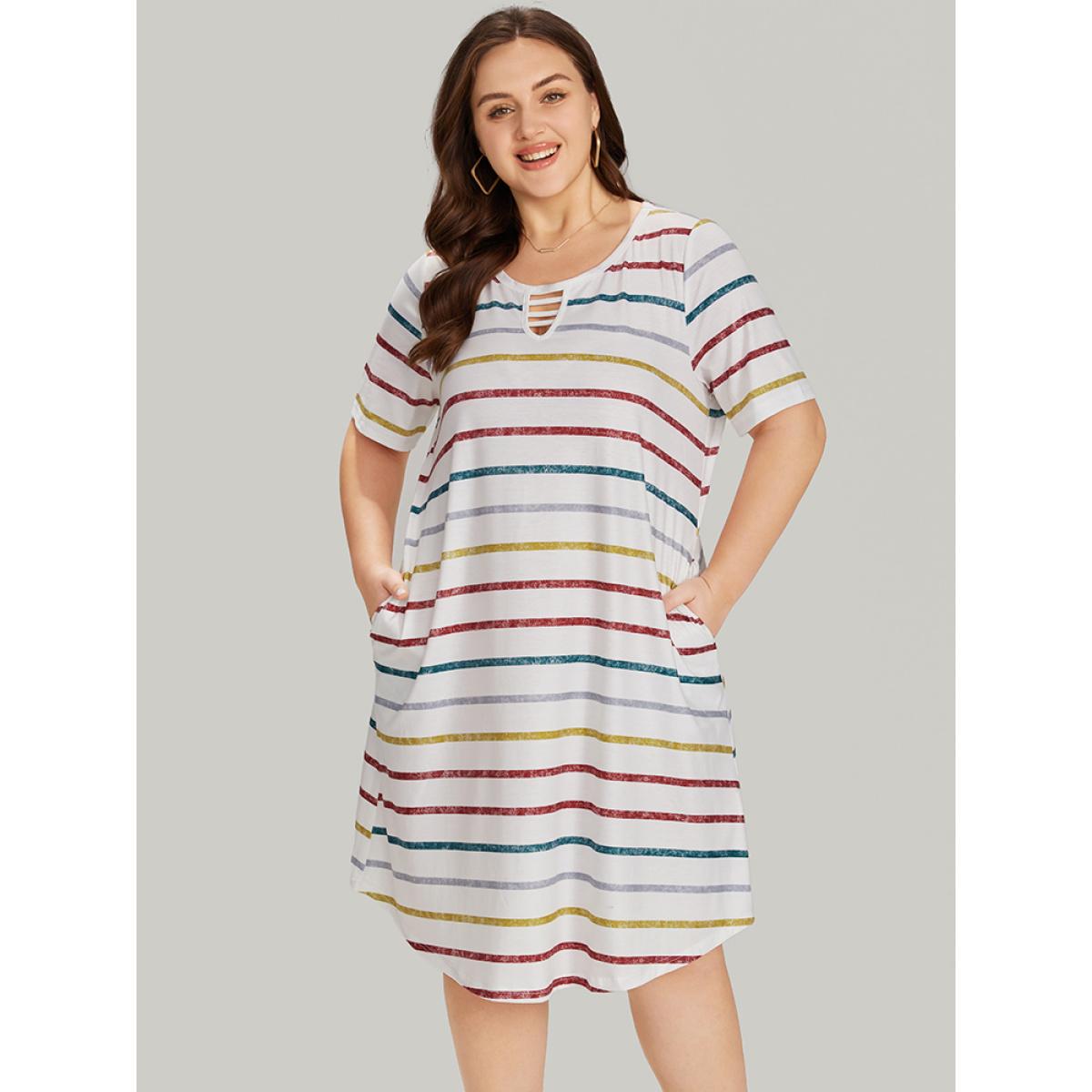 Plus Size Colour Striped Print Pocket Keyhole Arc Hem Dress Multicolor Women Casual Arc Hem Keyhole Cut-Out Short sleeve Curvy Knee Dress BloomChic 10/M Product Image