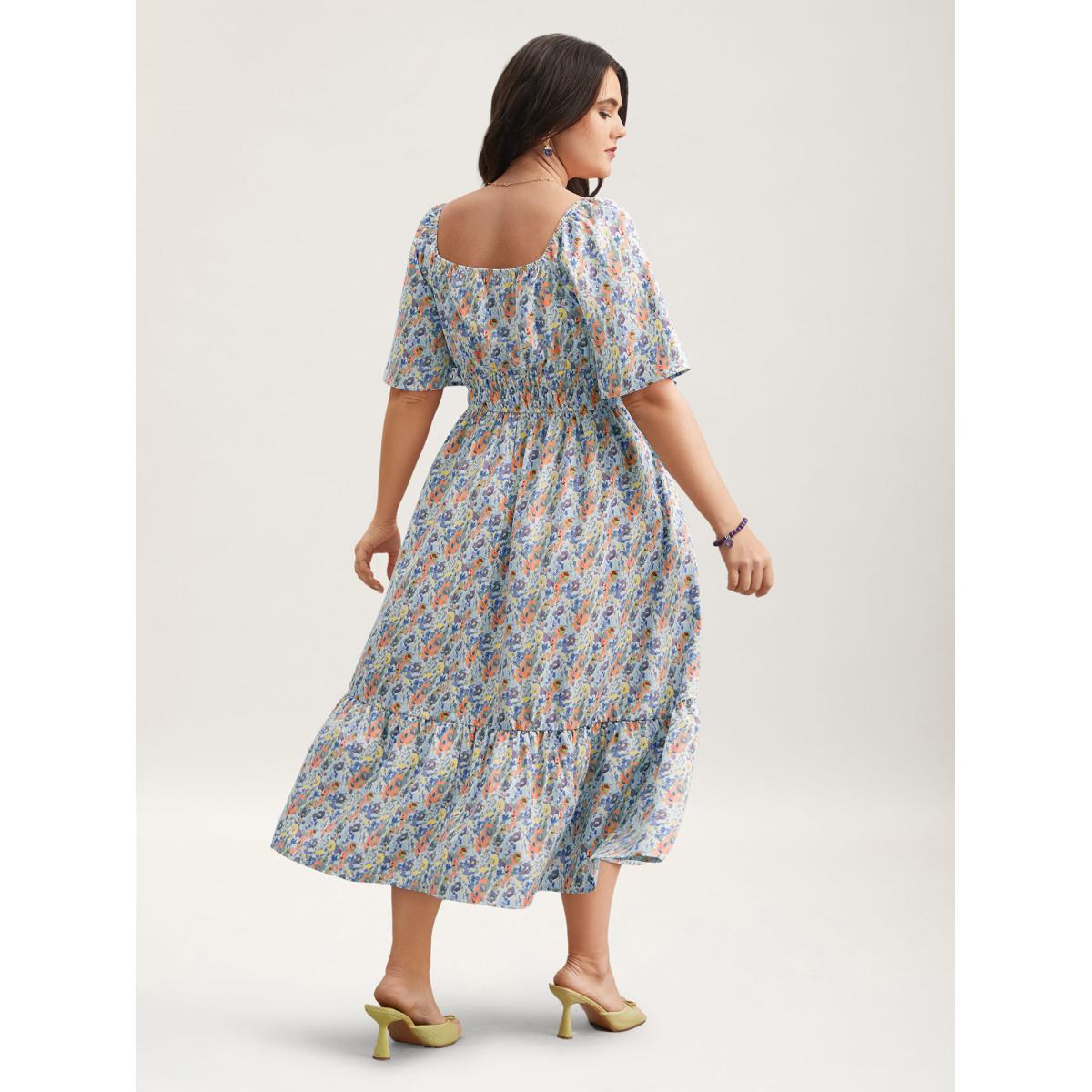 Plus Size Smocked Waist Floral Ties Tiered Maxi Dress LightBlue Women Timeless Tie knot Square Neck Short sleeve Curvy BloomChic 28/5X Product Image