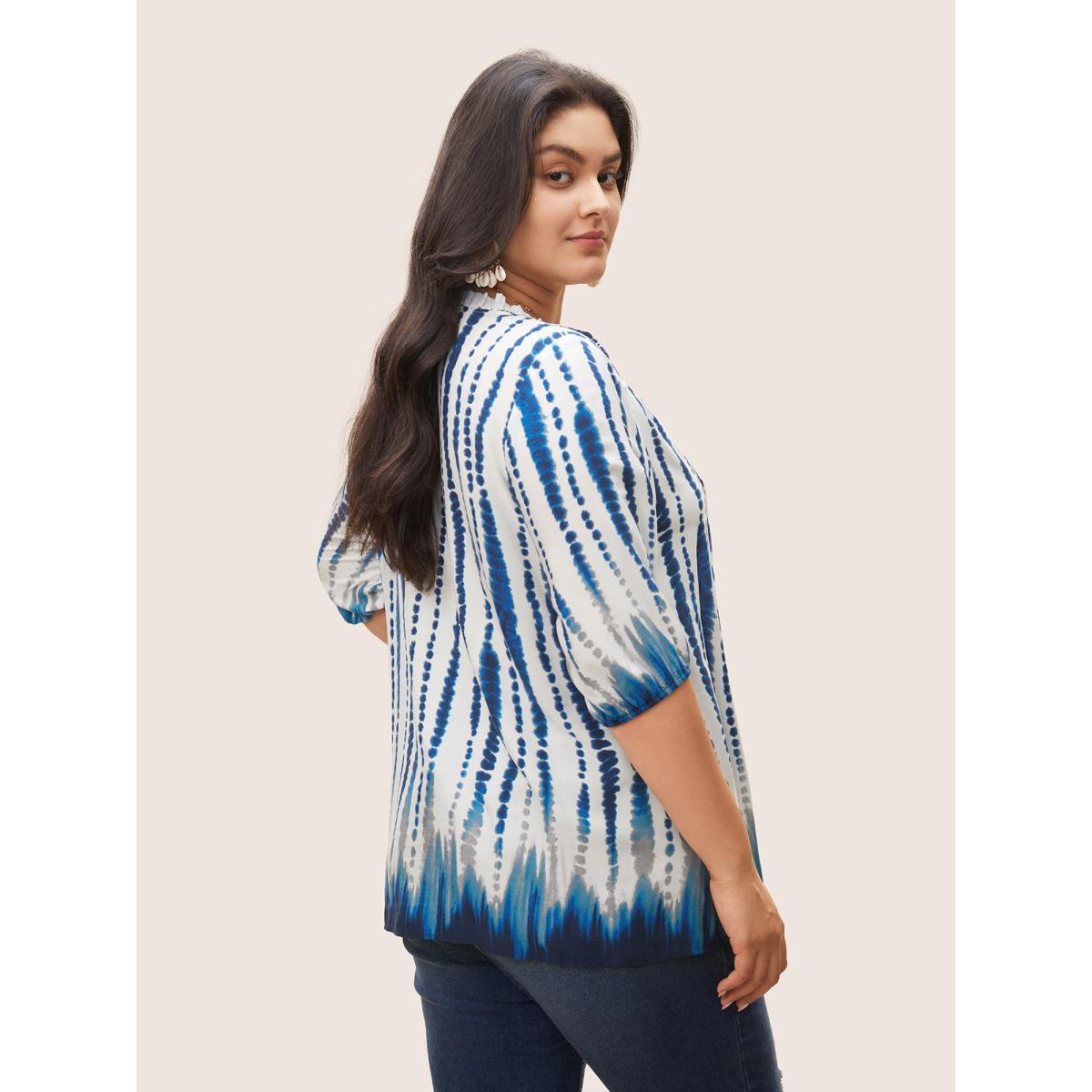 Plus Size DarkBlue Tie Dye Tie Neck Frill Trim Blouse Women Resort Half Sleeve Notched collar Vacation Blouses BloomChic 22-24/3X Product Image