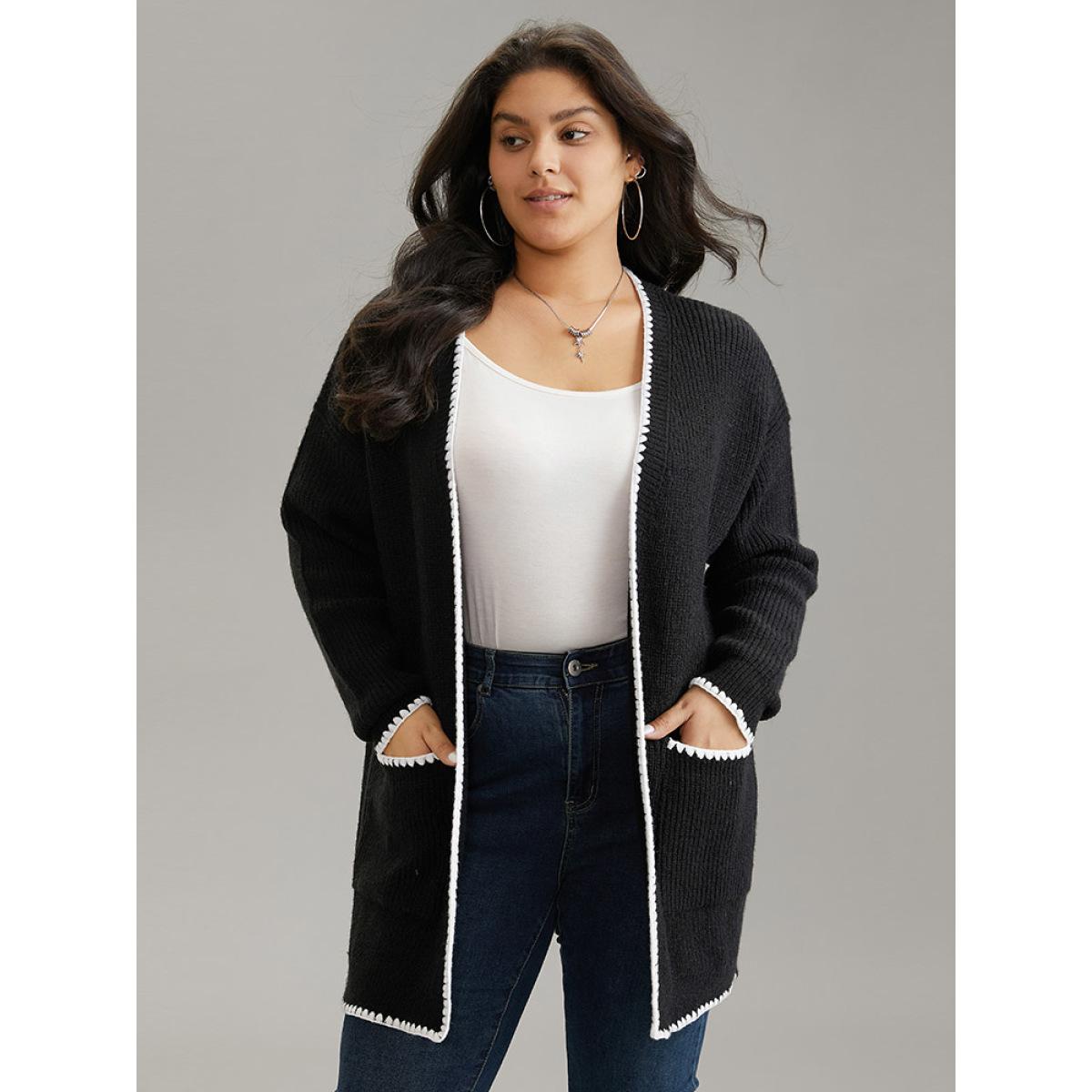 Plus Size Supersoft Essentials Contrast Trim Open Front Pocket Knit Cardigan Black Women Casual Loose Long Sleeve Dailywear Cardigans BloomChic 28/5X Product Image