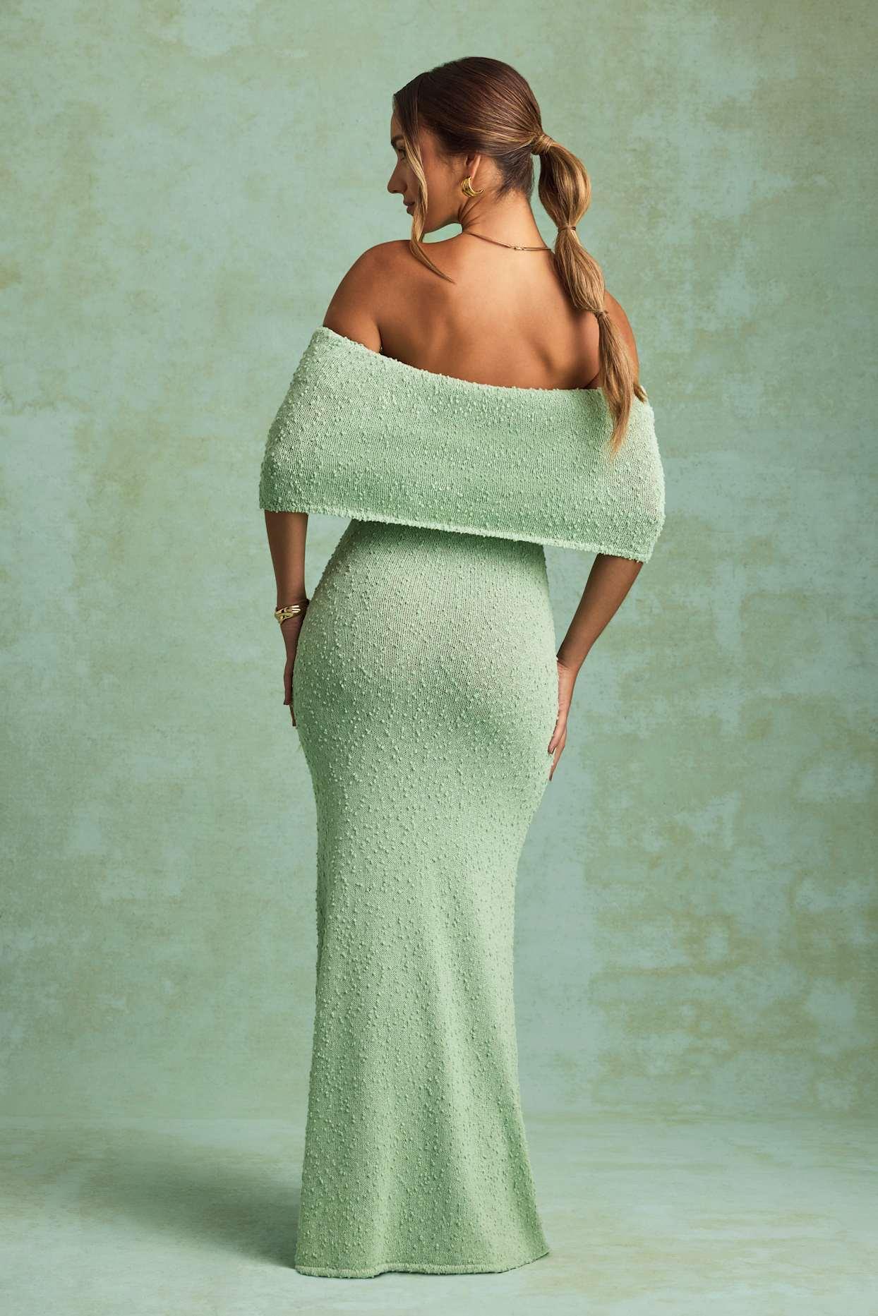 Bouclé Off-Shoulder Maxi Dress in Mint Girls Product Image