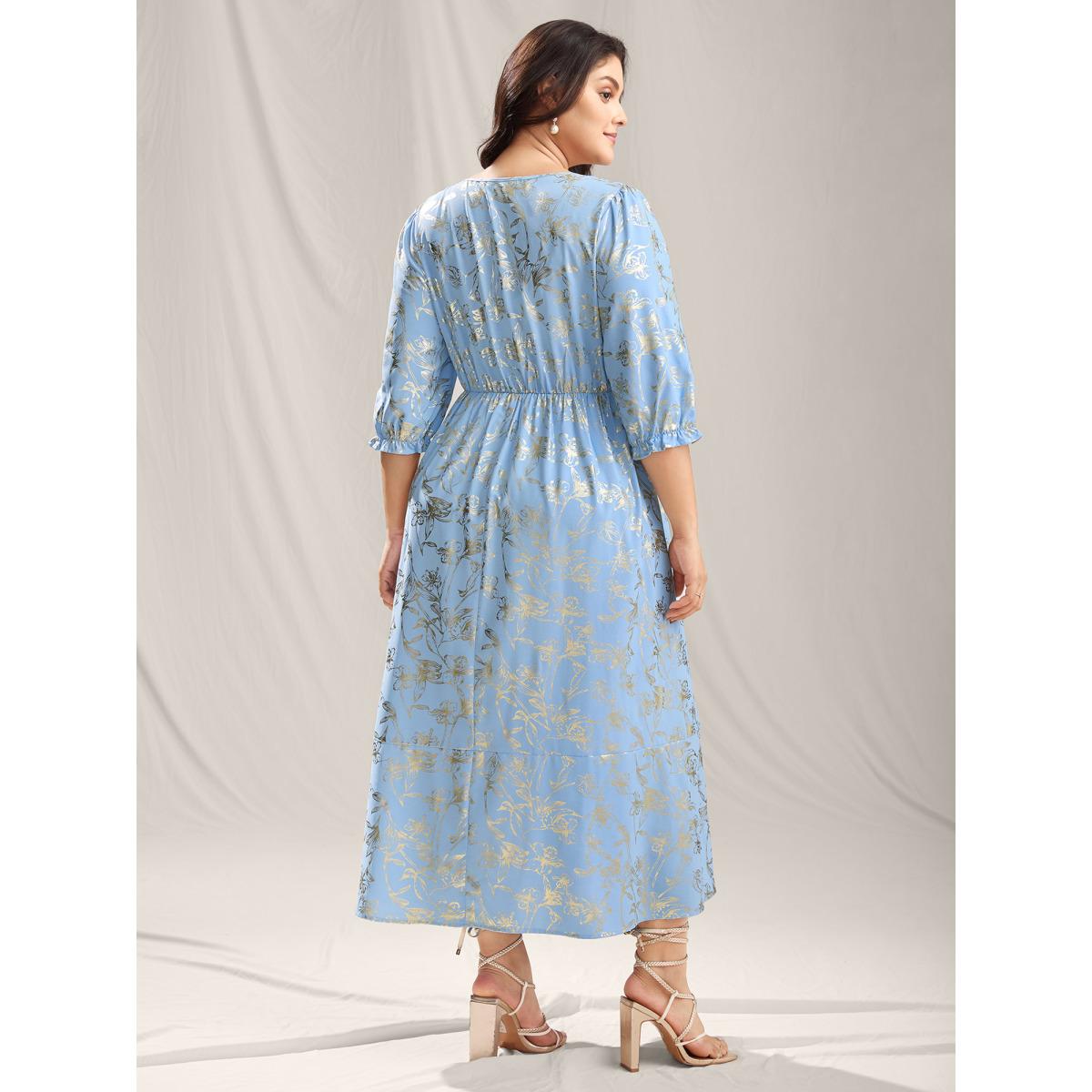 Plus Size Shimmery Textured Shirred Waist Maxi Dress LightBlue Women V-neck Elbow-length sleeve Curvy BloomChic 10/M Product Image