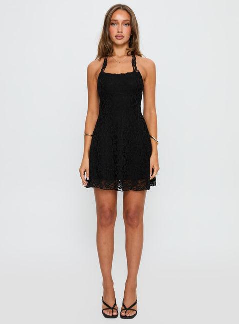 Front Page Halter Lace Mini Dress Black Product Image