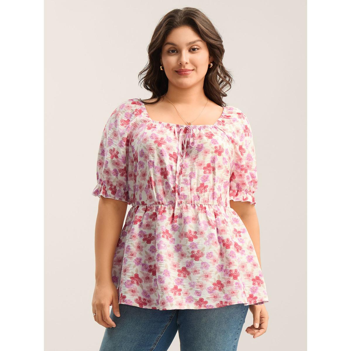 Plus Size Watermelon Floral Print Square Neck Tie Blouse Women Short sleeve Square Neck Everyday-Elegant Blouses BloomChic 28/5X Product Image