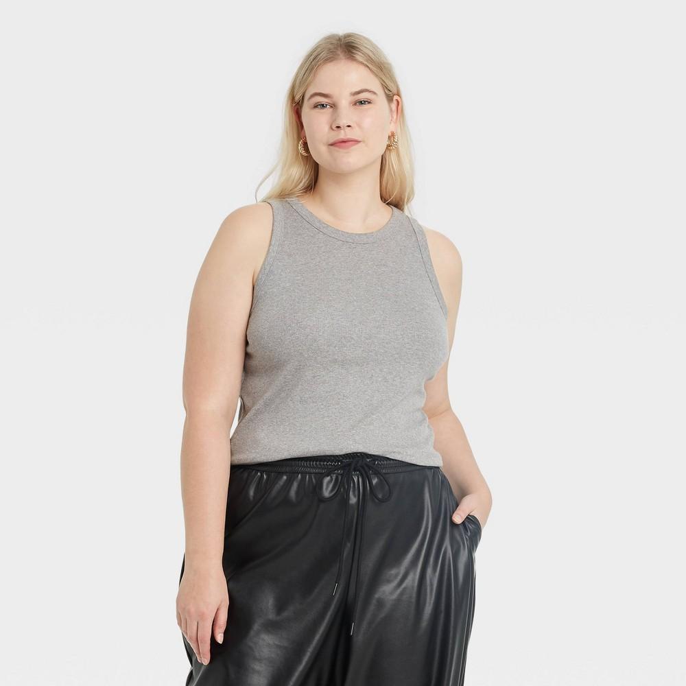 Women's Slim Fit Ribbed Tank Top - A New Day™ Heather Gray 2X: Crew Neck, Sleeveless, Midweight Fabric Product Image
