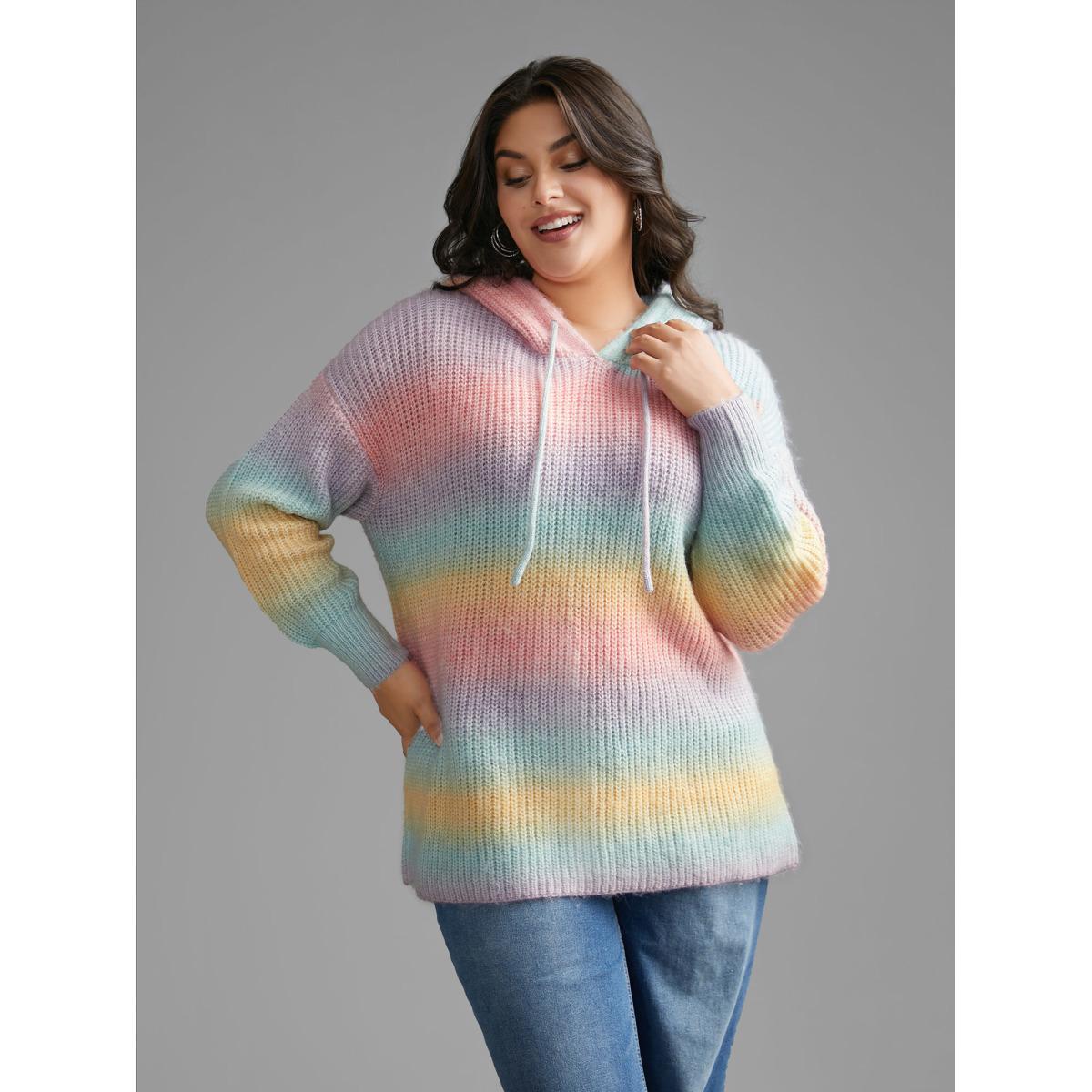 Plus Size Ombre Contrast Hooded Drop Shoulder Pullover Multicolor Women Casual Loose Long Sleeve Hooded Everyday Pullovers BloomChic 12/L Product Image
