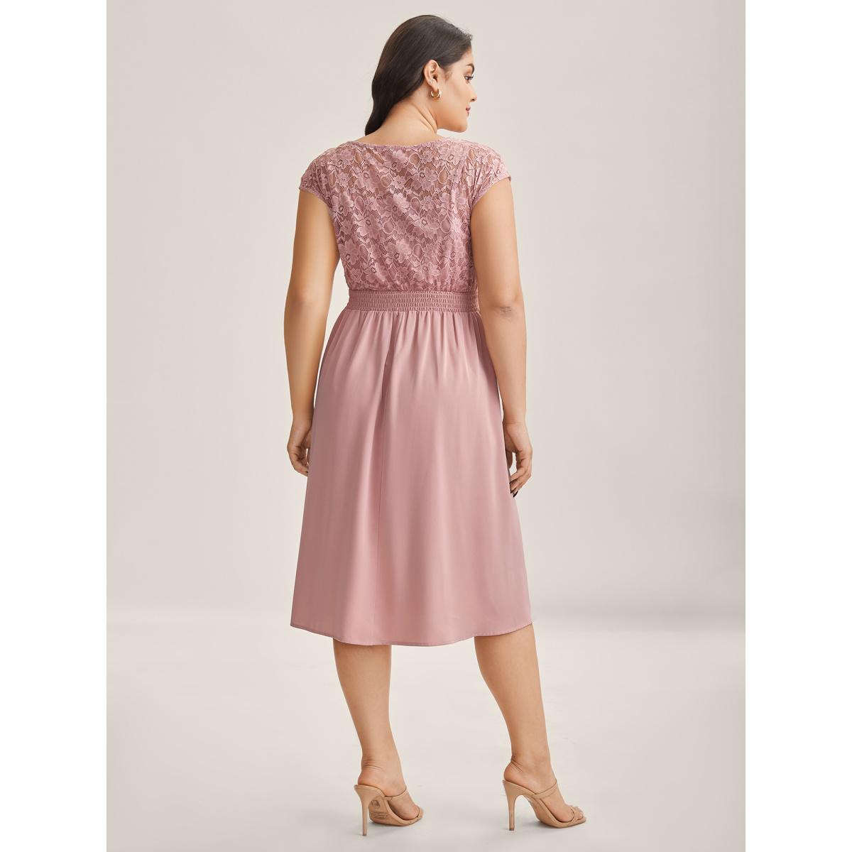 Plus Size Lace Sheer Stretchy Waist Solid Midi Dress Watermelon Women V-neck Short sleeve Curvy BloomChic 14-16/1X Product Image