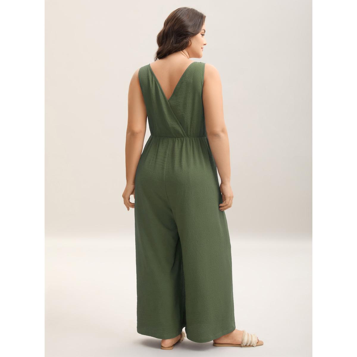 Plus Size ArmyGreen Shirred Pockets Wide-Leg Plain Jumpsuit Women Leisure Sleeveless Non Vacation Loose Jumpsuits BloomChic 28/5X Product Image