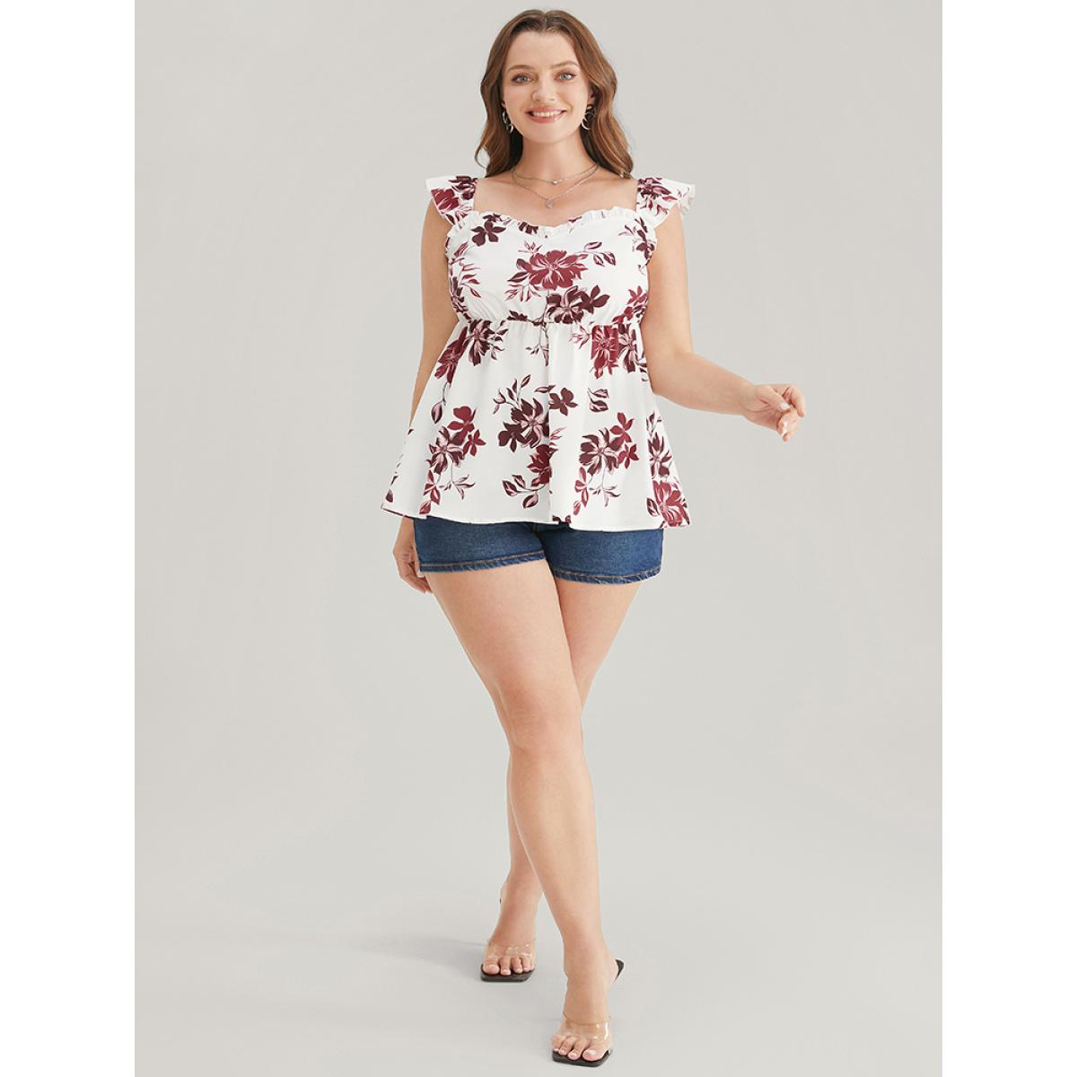 Plus Size Floral Print Babydoll Ruffles Trim Cami Top Women White Elegant Elastic Waist V-neck Dailywear Tank Tops Camis BloomChic 30/6X Product Image