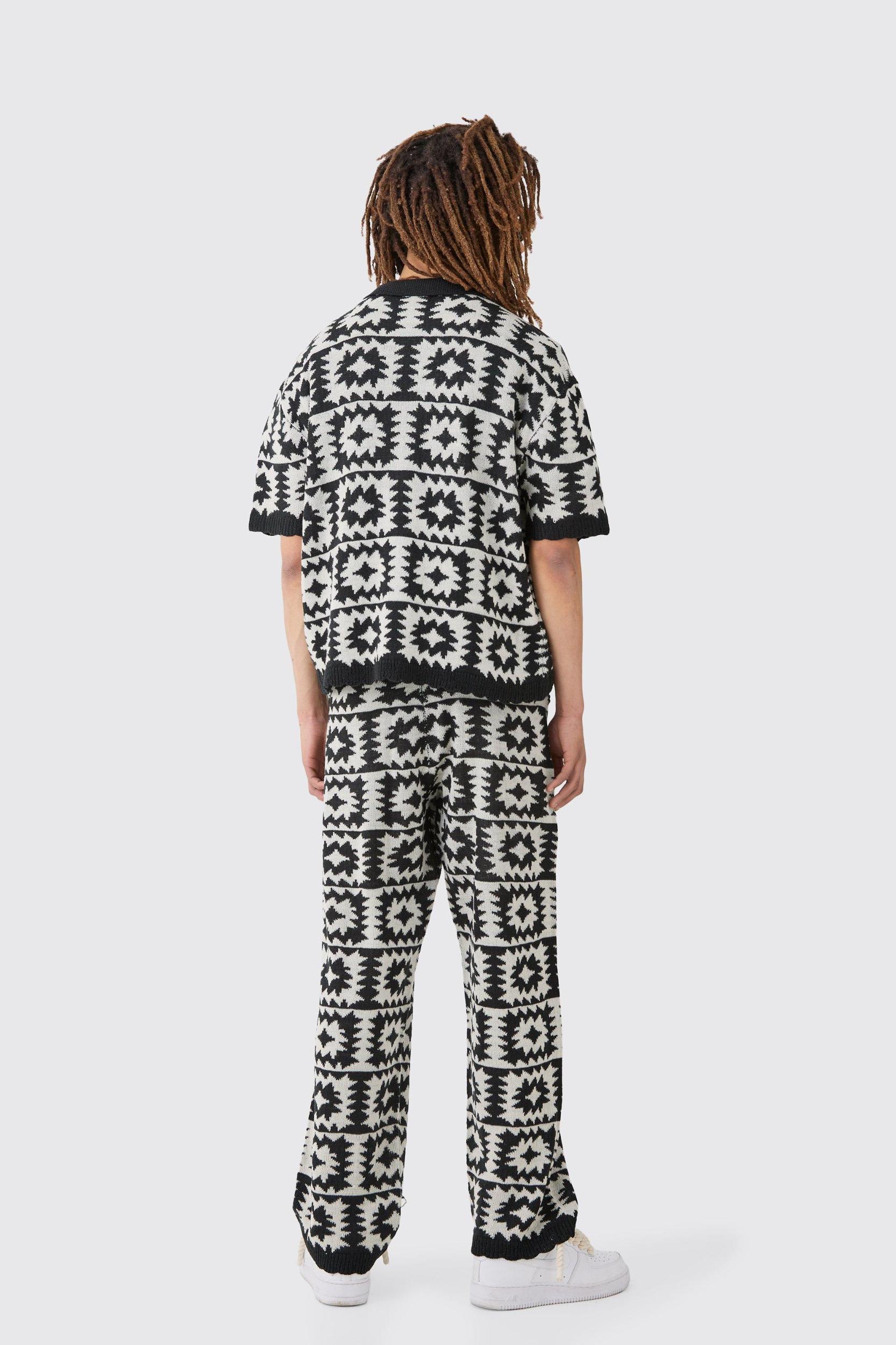 Boxy Open Stitch Crochet Polo Pants Knitted Set | boohooMAN USA Product Image