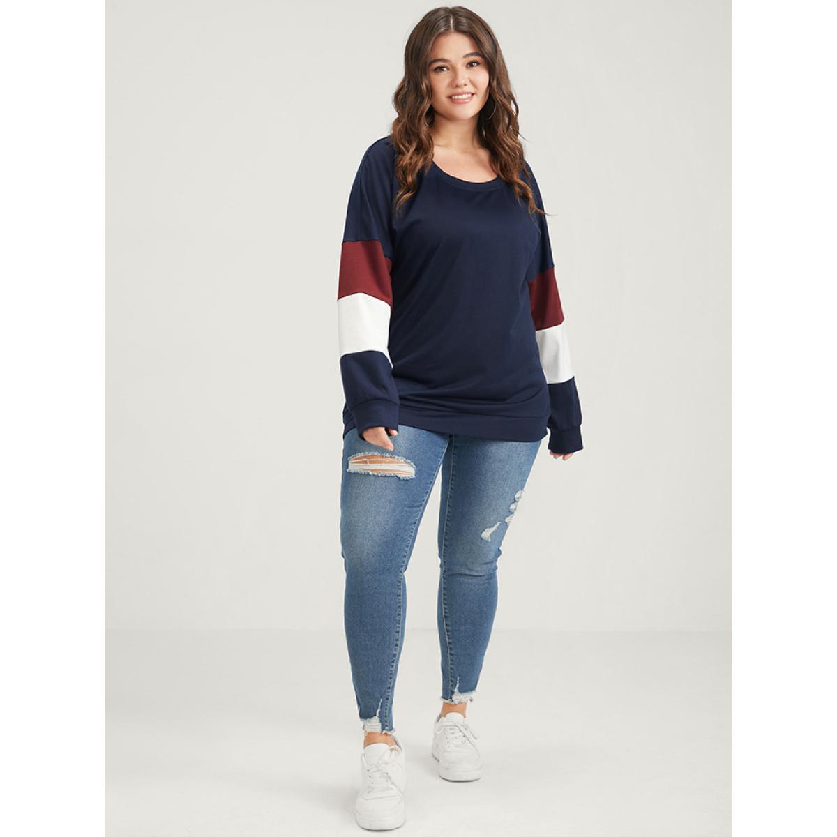 Plus Size Colorblock Patchwork Round Neck Drop Shoulder Sweatshirt Women Navy Casual Contrast Round Neck Dailywear Sweatshirts BloomChic 10/M Product Image