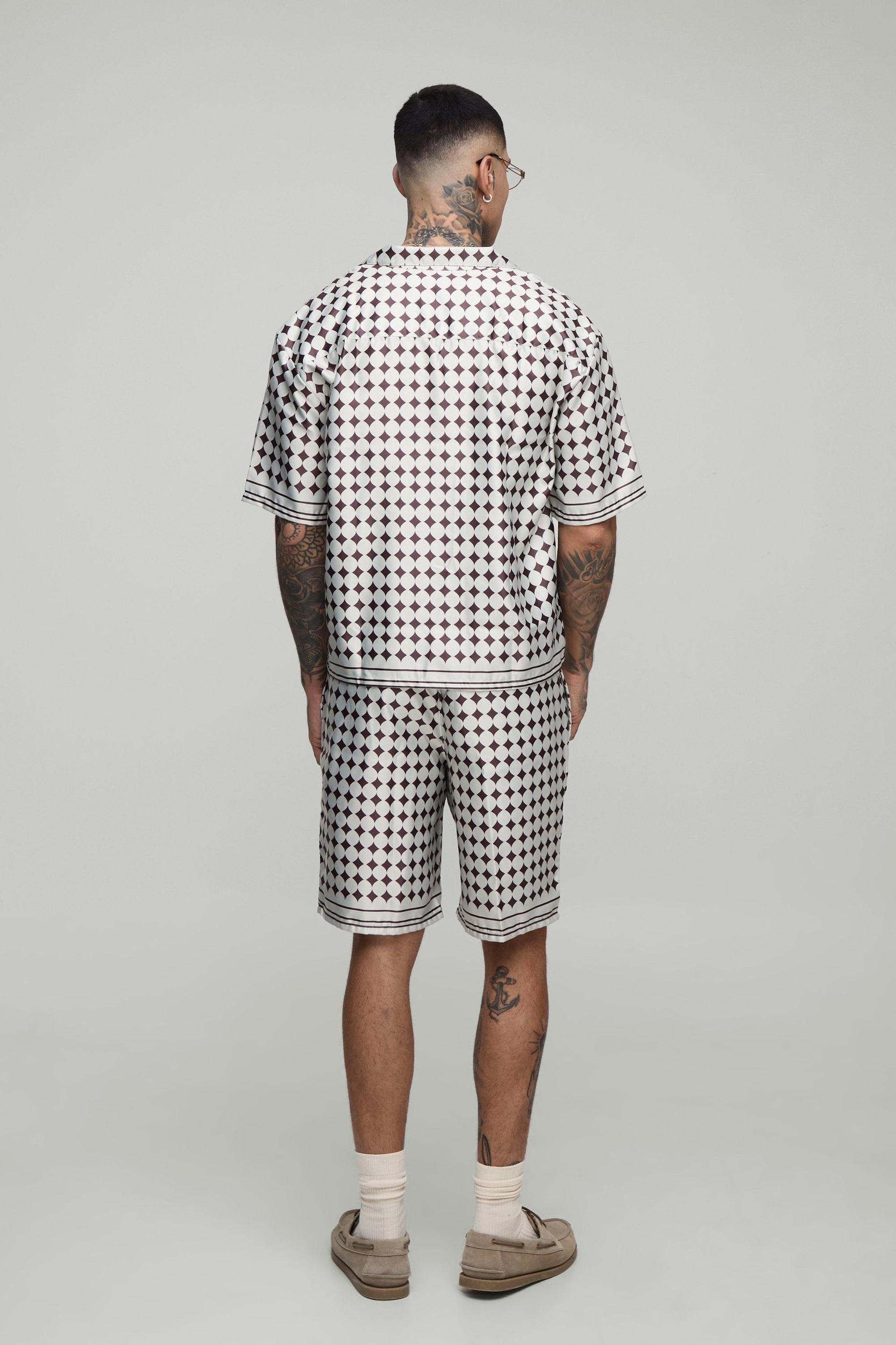 Tall Oversized Boxy Short Sleeve Check Satin Shirt & Short Set | boohooMAN USA Product Image