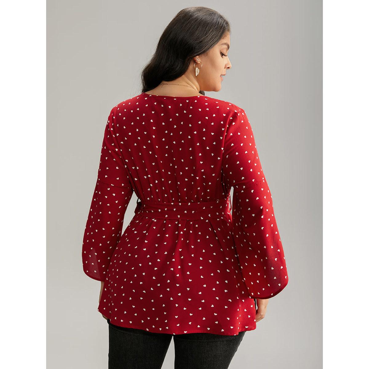 Plus Size Red Heart Print Belted Petal Sleeve High Low Hem Blouse Women Elegant Elbow-length sleeve Round Neck Everyday Blouses BloomChic 18-20/2X Product Image