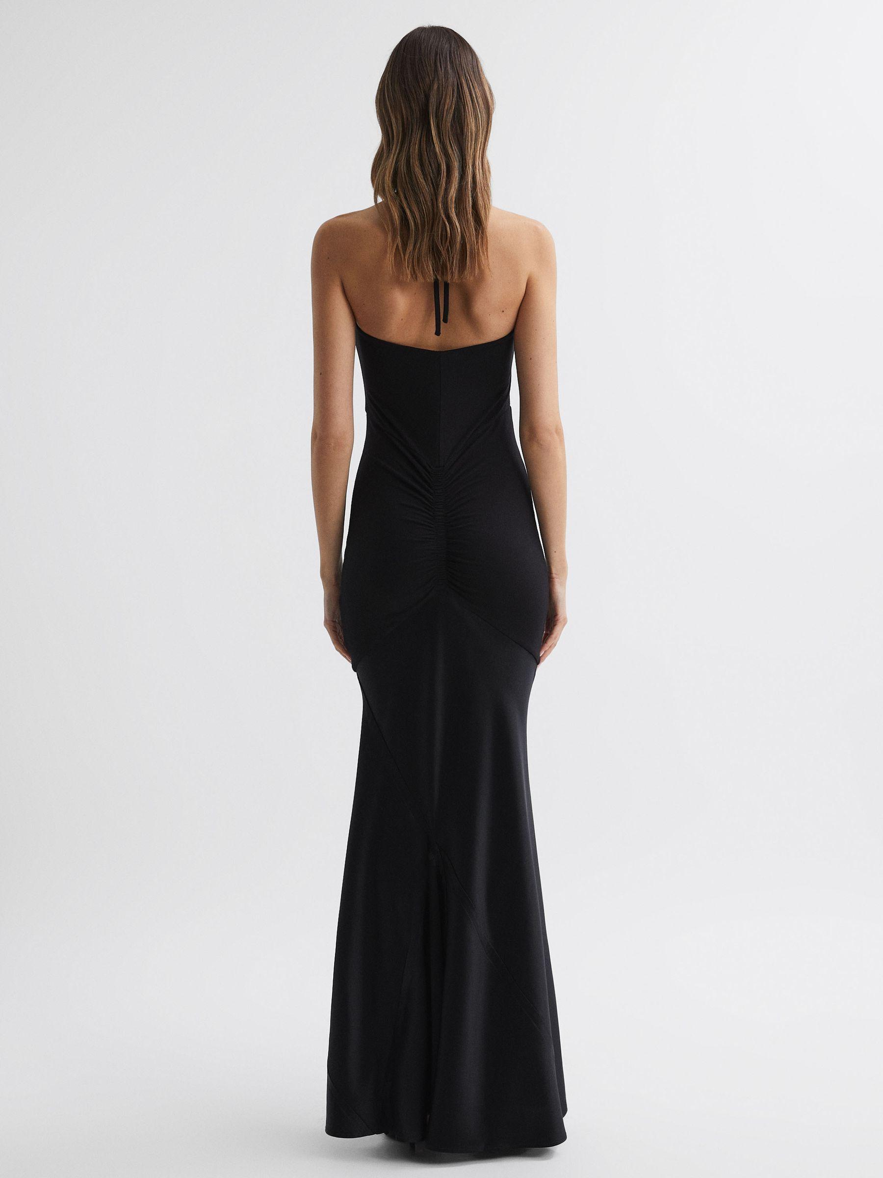 Fitted Plunge Neck Satin Maxi Dress in Black Product Image