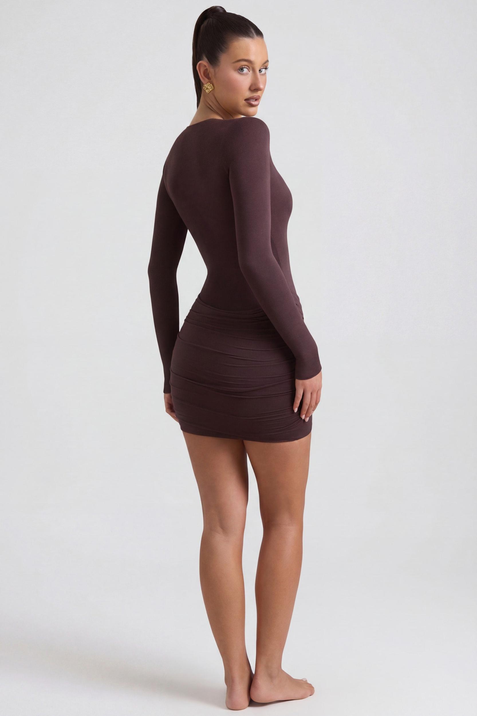 Modal-Cashmere Blend Draped Long-Sleeve Mini Dress in Espresso Product Image
