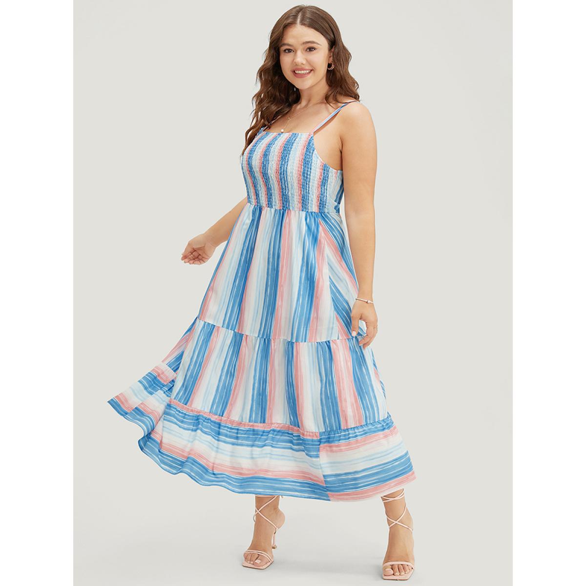 Plus Size Striped Contrast Shirred Pocket Ruffle Tiered Cami Dress Multicolor Women Vacation Adjustable Straps Spaghetti Strap Sleeveless Curvy Midi Dress BloomChic 26/4X Product Image