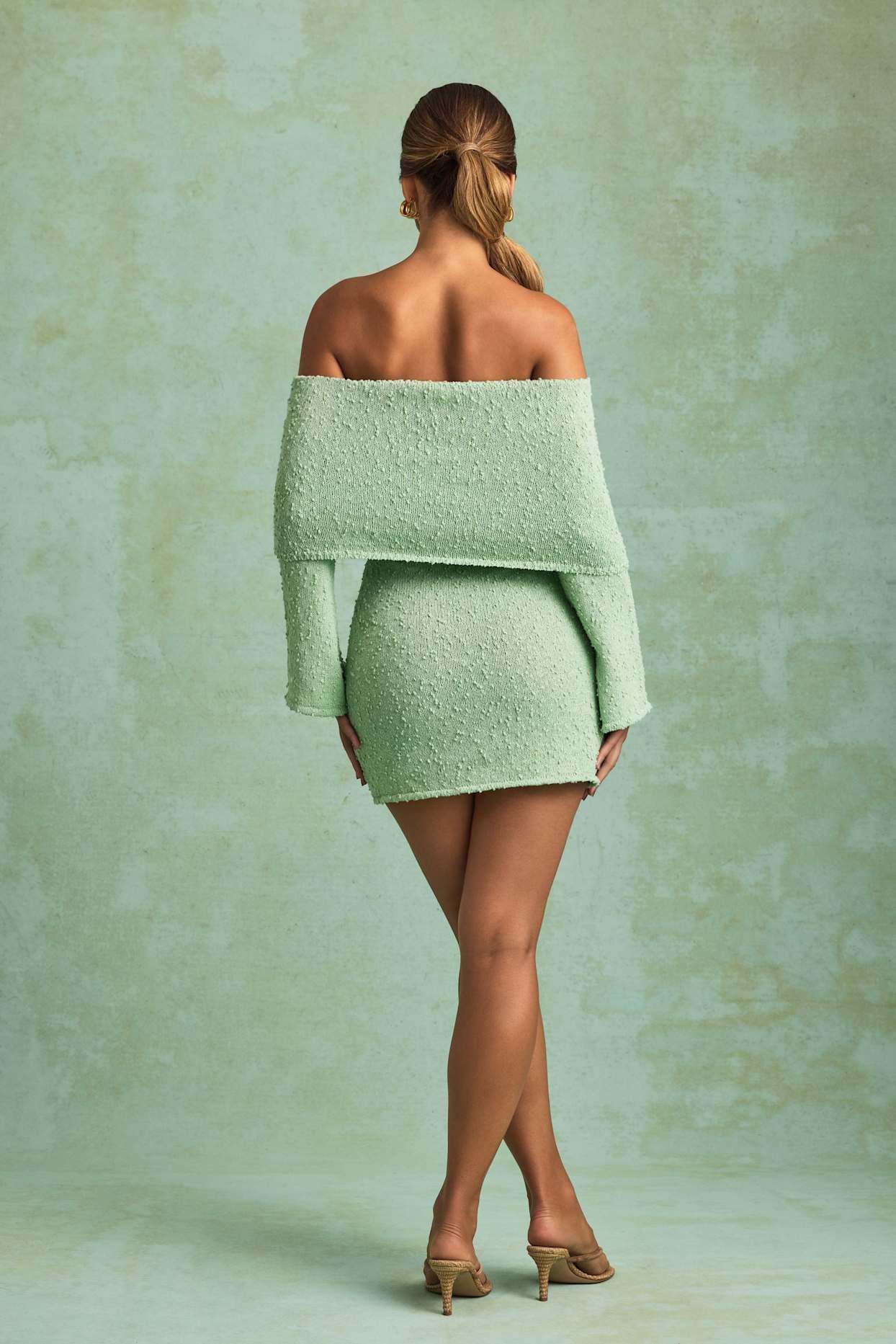 Bouclé Off-Shoulder Mini Dress in Mint Product Image