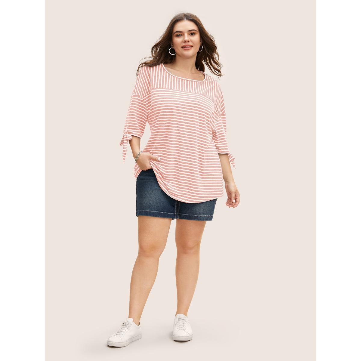Plus Size Striped Boat Neck Tie Knot T-shirt Nudepink Women Casual Tie knot Boat Neck Everyday T-shirts BloomChic 28/5X Product Image