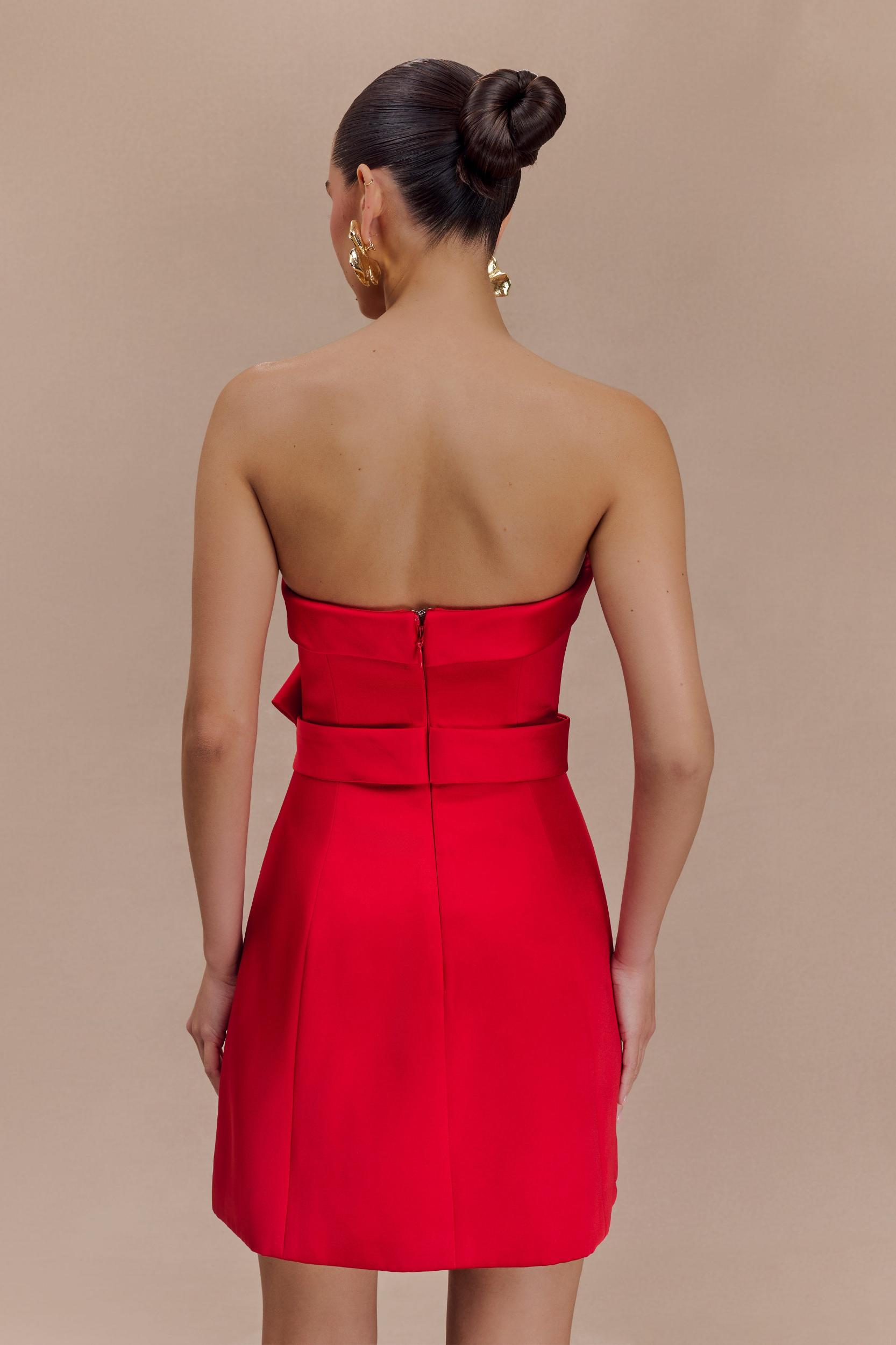 Tatiana Satin Strapless Bow Mini Dress - Red Product Image