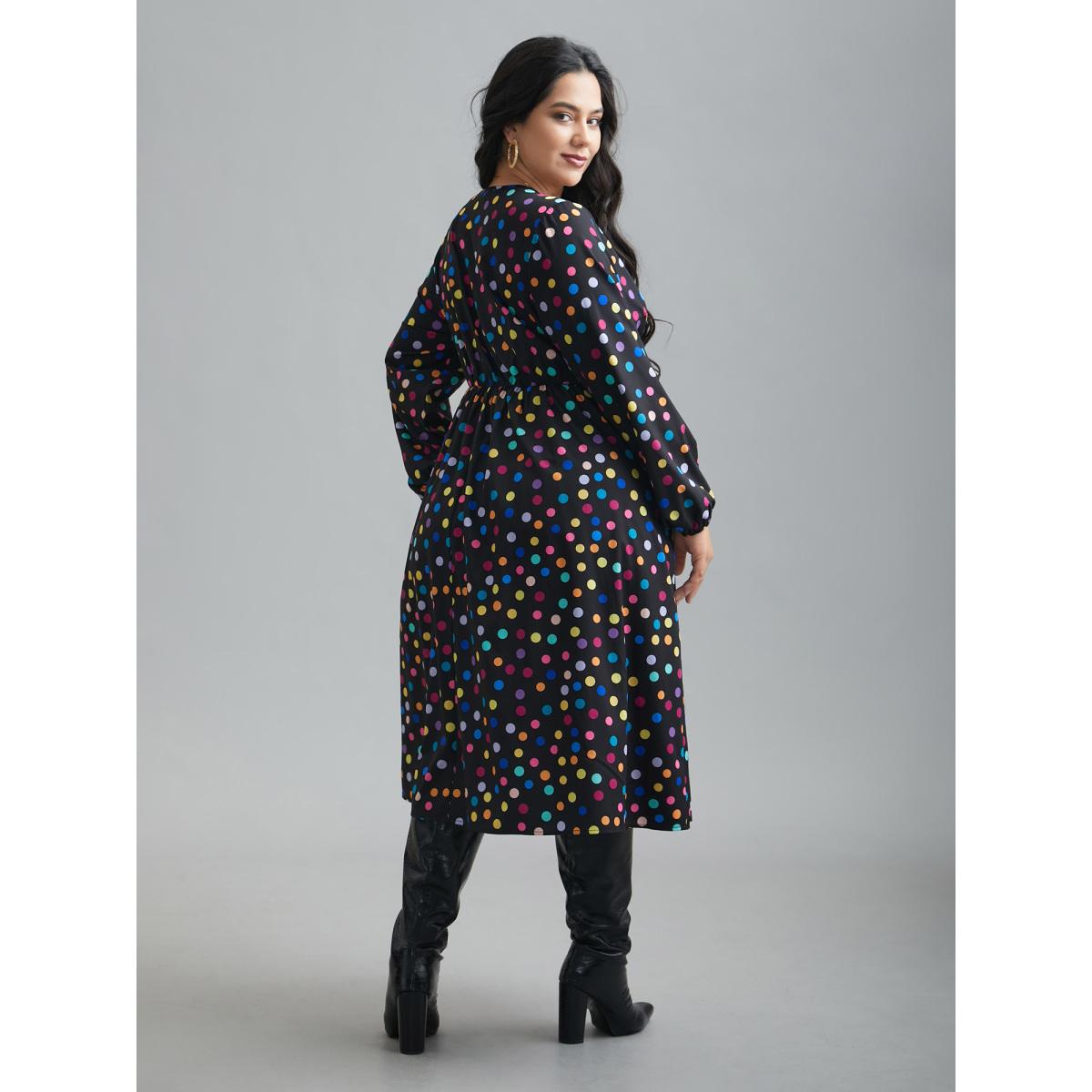 Plus Size Multi-Color Polka Dot Stretchy-Waist Dress Black Women Elegant Non V-neck Long Sleeve Curvy BloomChic 14-16/1X Product Image