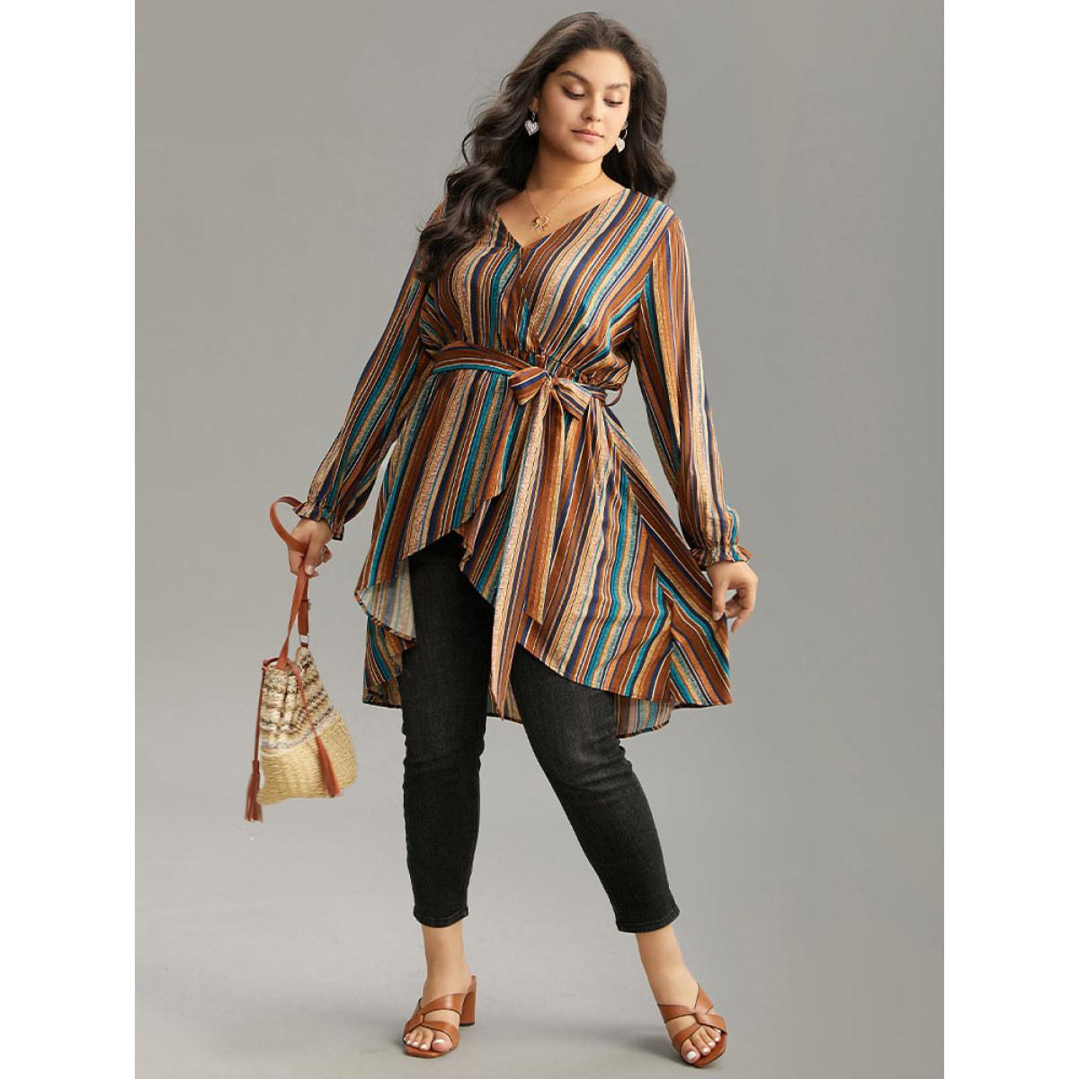 Plus Size Multicolor Striped Overlap Collar Arc Hem Belted Blouse Women Vacation Long Sleeve Overlap Collar Vacation Blouses BloomChic 30/6X Product Image