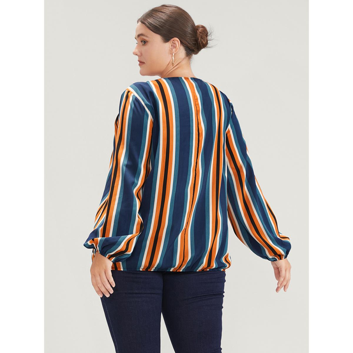 Plus Size Indigo Striped Lantern Sleeve Wrap Blouse Women Office Long Sleeve V-neck Office Blouses BloomChic 22-24/3X Product Image