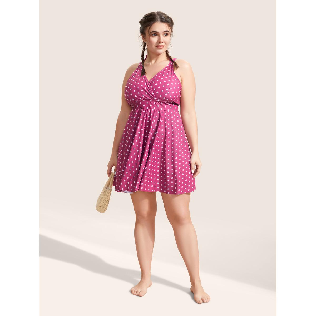 Plus Size Overlap Collar Geometric Tie Knot Swim Dress Women's Swimwear Deeppurplered Beach Bodycon Overlap Collar High stretch Curve Swim Dresses BloomChic 10/M Product Image