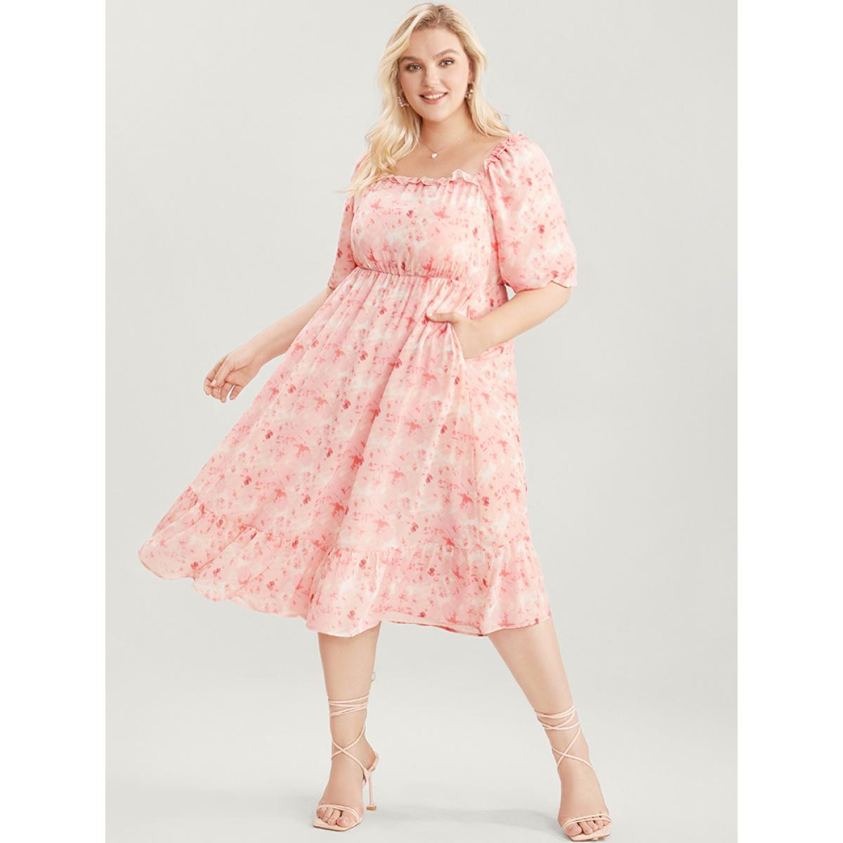 Plus Size Tie Dye Square Neck Puff Sleeve Pocket Ruffle Hem Dress Crepe Women Elegant Pocket Square Neck Short sleeve Curvy Knee Dress BloomChic 18-20/2X Product Image