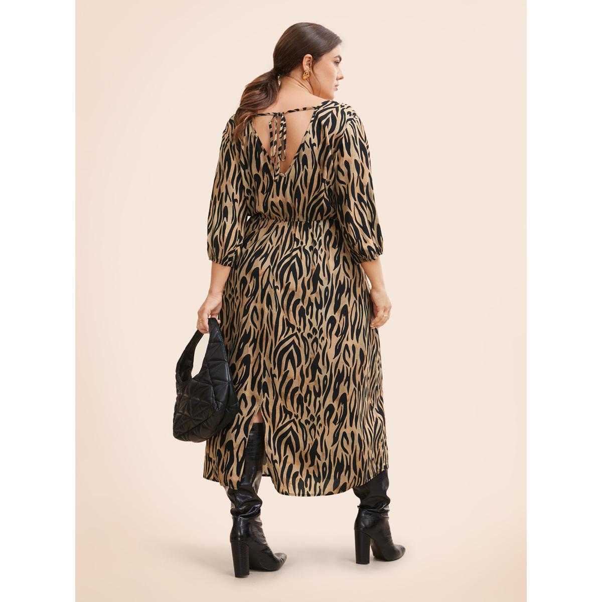 Plus Size Leopard Print Tie Knot Lantern Sleeve Dress Yellowishbrown Women Workwear Essentials Tie knot V-neck Elbow-length sleeve Curvy BloomChic 28/5X Product Image