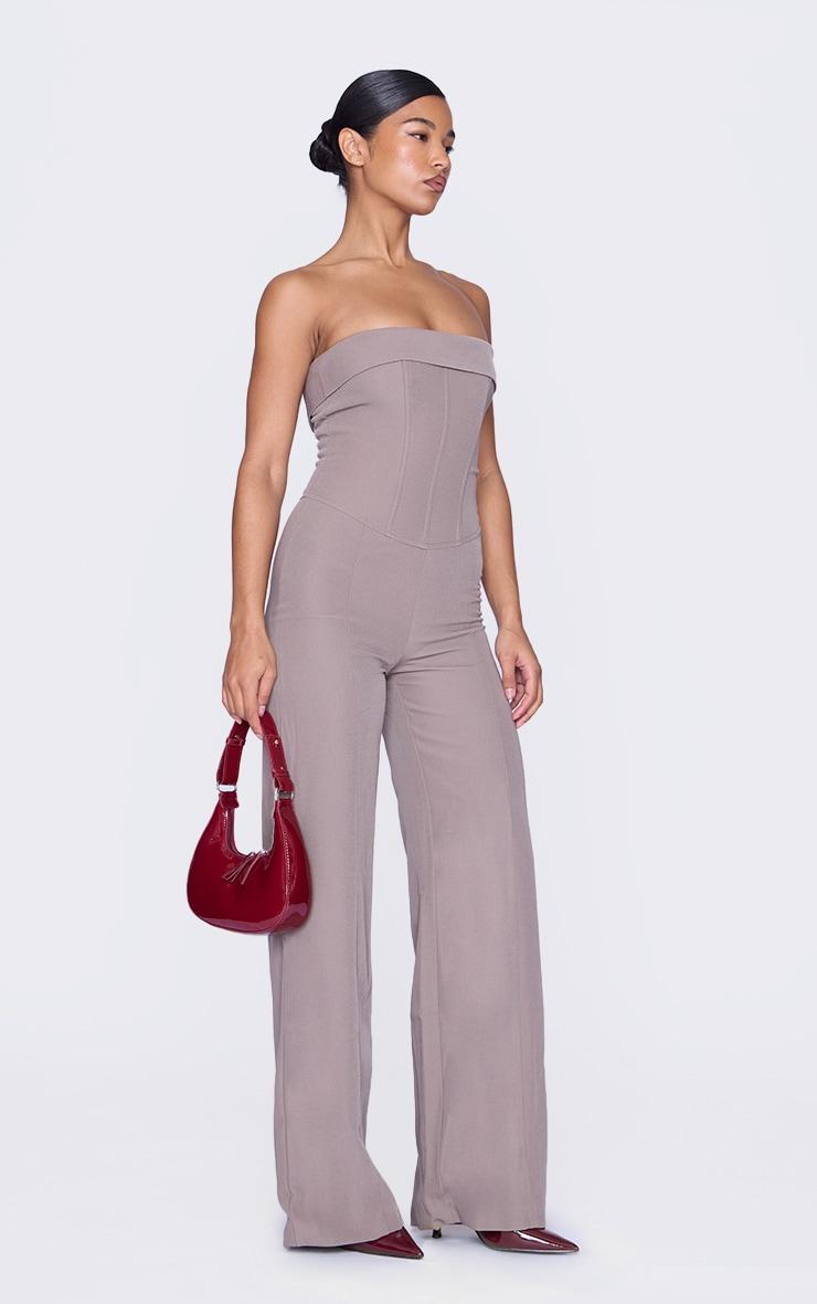 Taupe Premium Woven Bandeau Coreset Straight Leg Jumpsuit Product Image