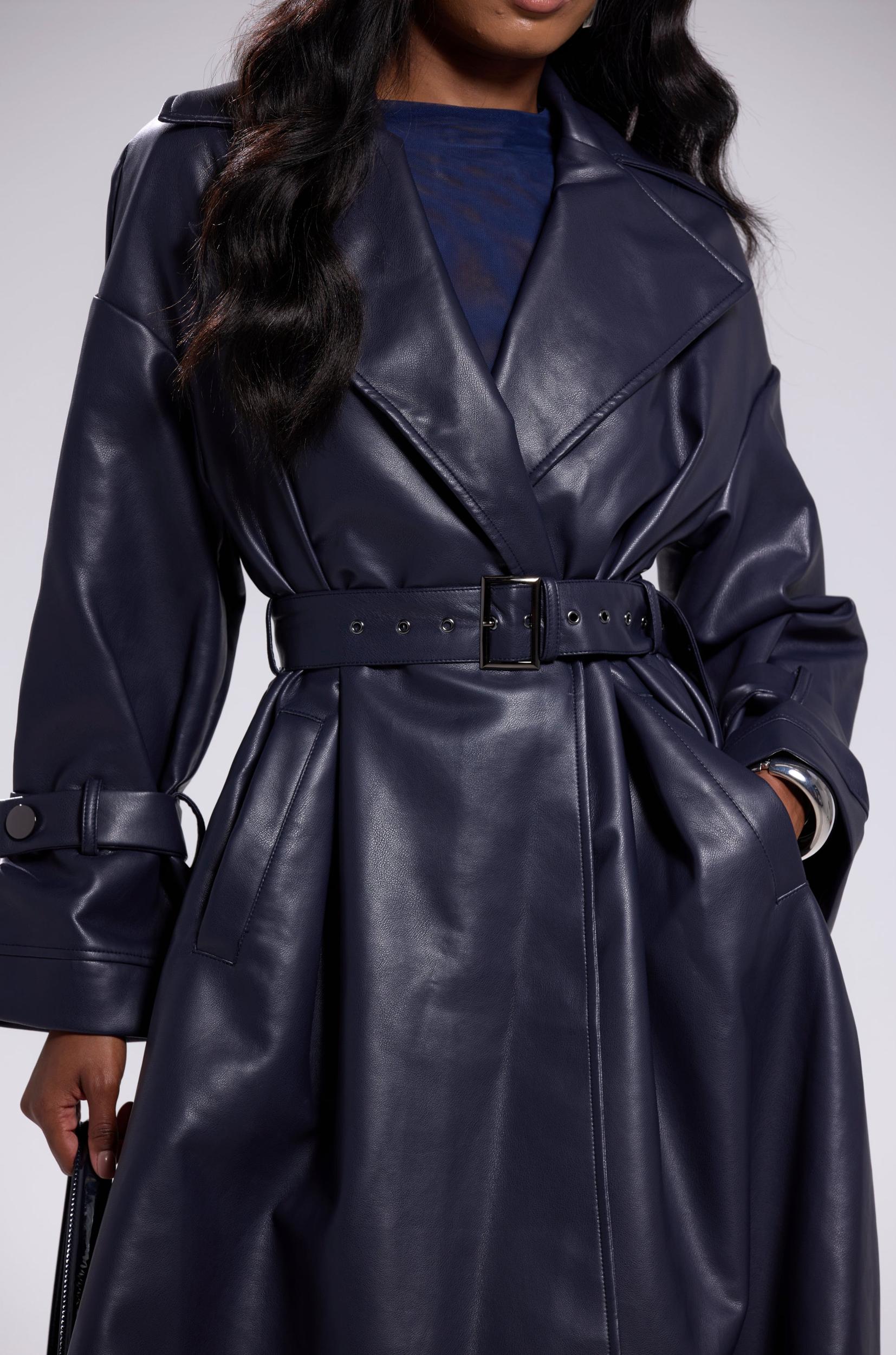ALINNA FAUX LEATHER TRENCH IN NAVY Product Image