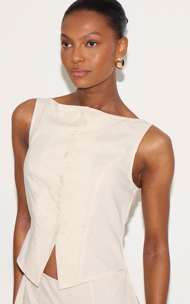 Stone Linen Blend Vest Detail Straight Leg Jumpsuit Product Image