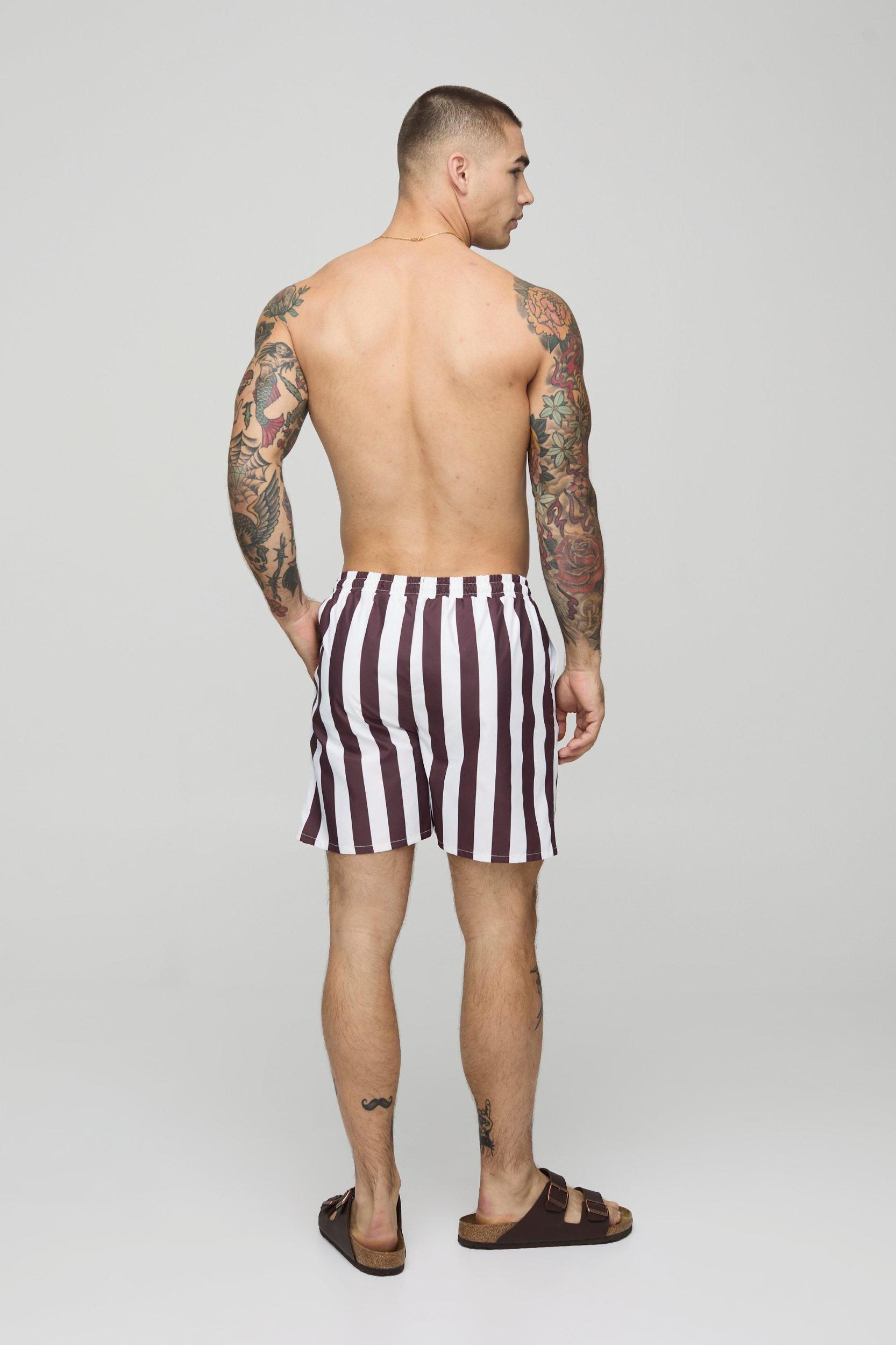 2 Pack Mid Length Wide Stripe and Plain Swim Trunks | boohooMAN USA Product Image