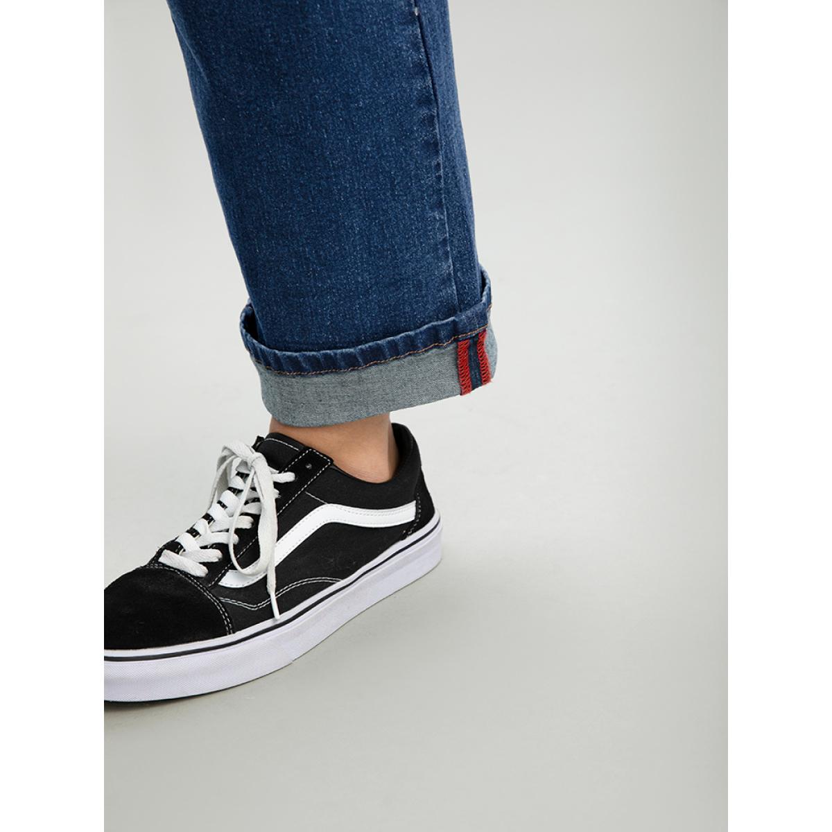 Plus Size Straight Leg Zipper Roll Hem Dark Wash Jeans Women DarkBlue Casual Plain Plain High stretch Pocket Jeans BloomChic 16/1X Product Image