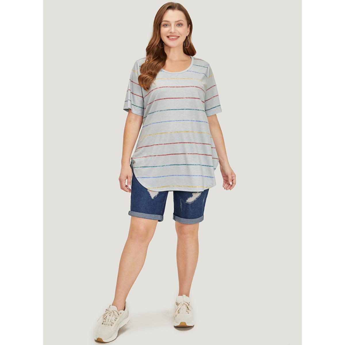 Plus Size Rainbow Striped Arc Hem T-shirt Gray Women Casual Contrast Striped Round Neck Dailywear T-shirts BloomChic 28/5X Product Image