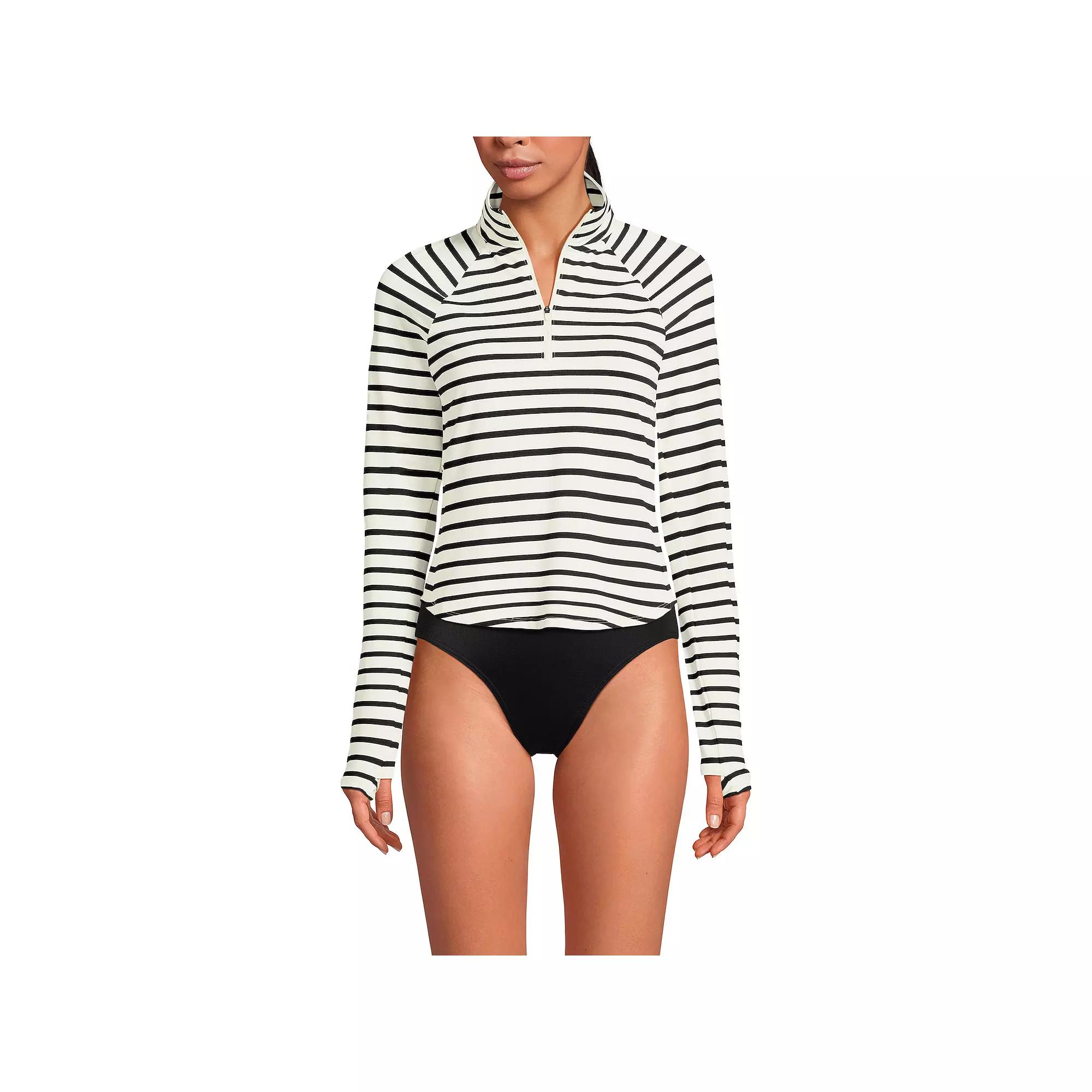 Women's Lands' End Cooling Quarter Zip Raglan Long Sleeve Rash Guard, Size: XL, White Black Stripe Product Image