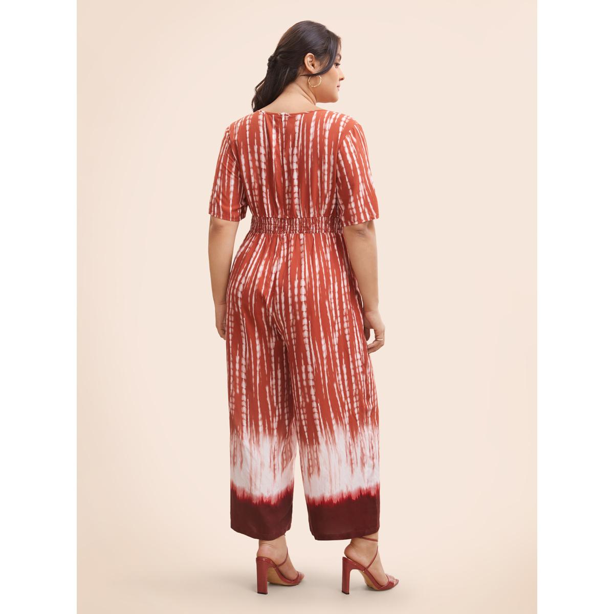 Plus Size Multicolor V Neck Gradient Dyeing Shirred Jumpsuit Women At the Office Half Sleeve V-neck Office Loose Jumpsuits BloomChic 18-20/2X Product Image